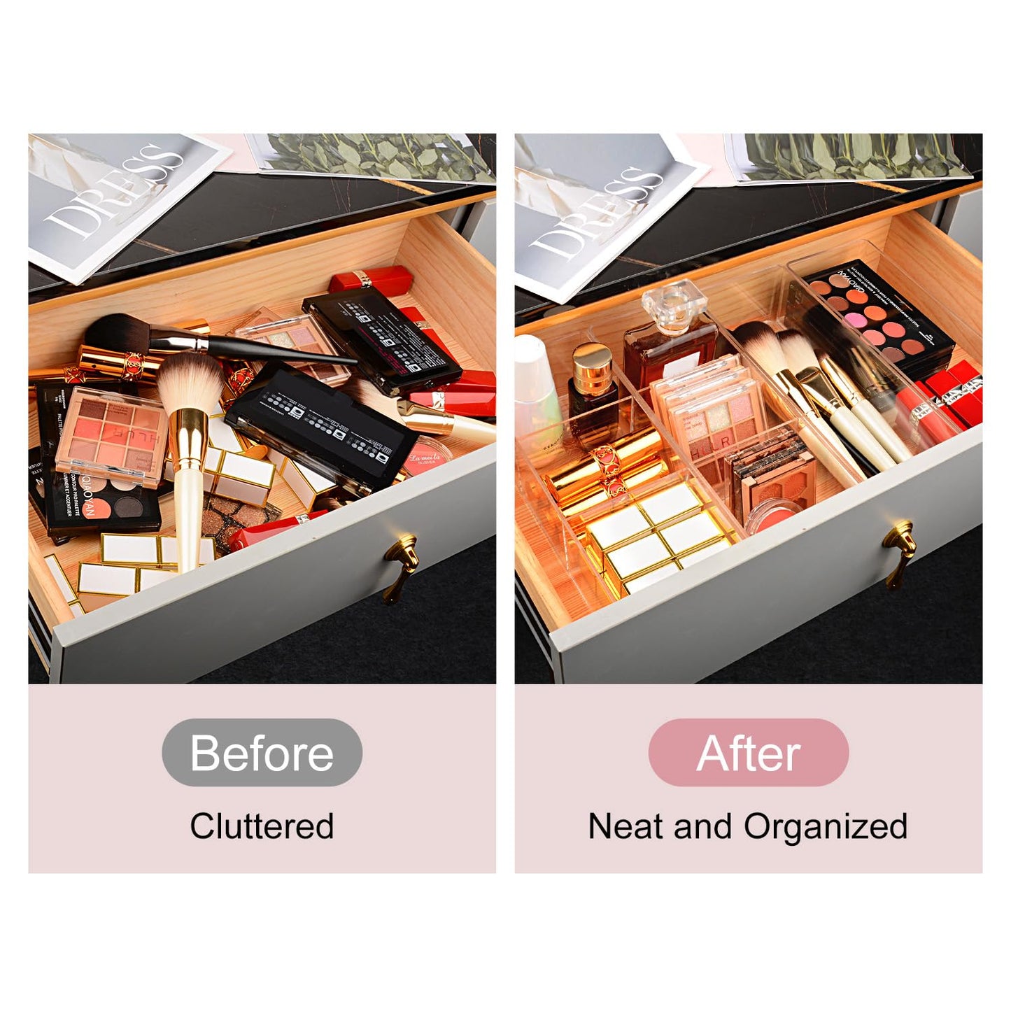 JessLab Acrylic Organizer, 2PK Cube Sections Makeup Organizer for Drawer, Makeup Organizer for Vanity, Countertop, Bathroom, Kitchen and Cabinet Storage(1+3 Compartment)