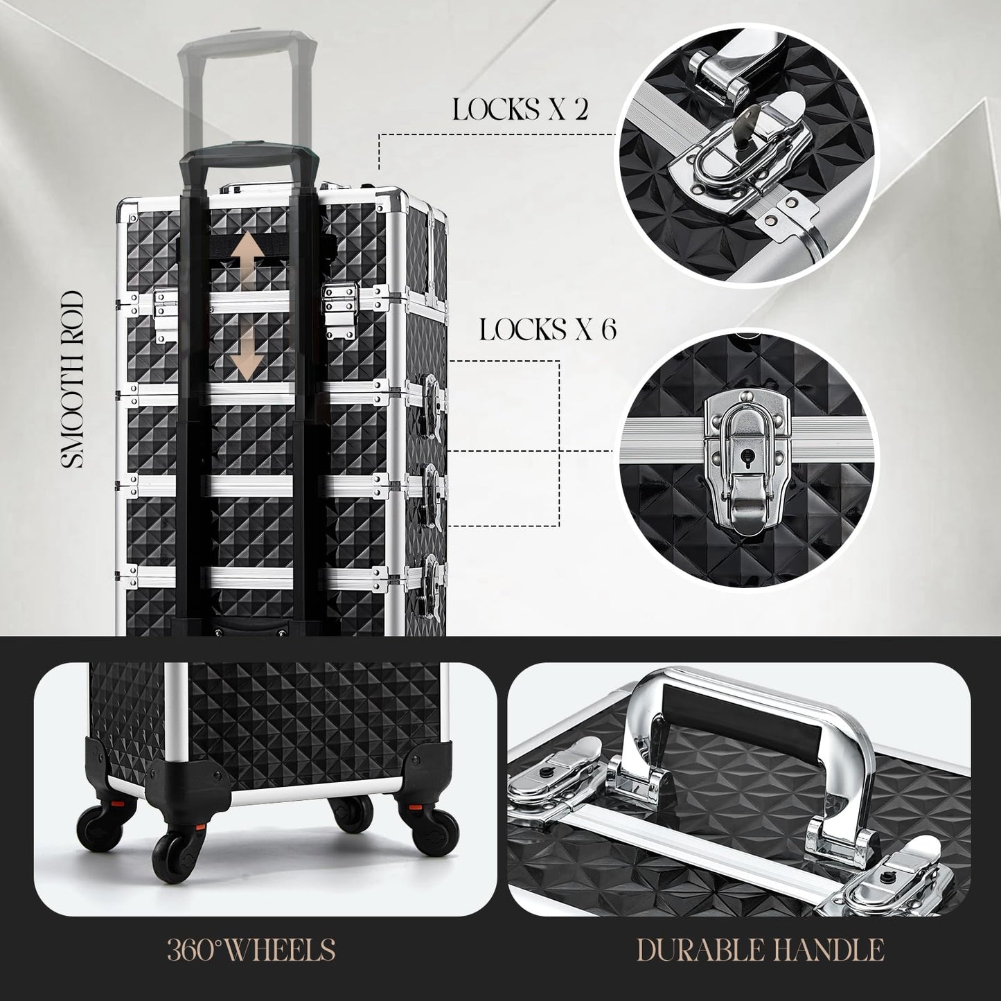 Yueieoun Rolling Makeup Train Case, 4-in-1 Cosmetology Case on Wheels, Nail Tech Cart for Travel, Professional Cosmetic Vanity Case, Suitcase for MUA/Manicure/Tattoo/Style, Lockable Storage Box, Black