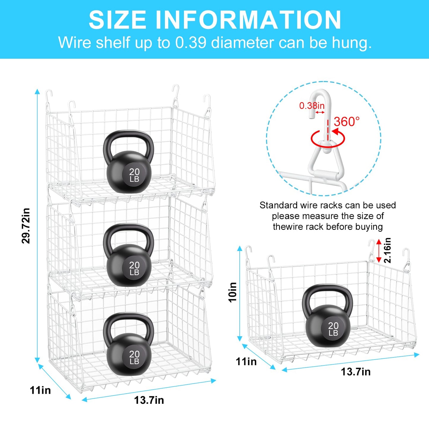 3-Tier Hanging Laundry Basket Organizer：Foldable Wire Shelf Laundry Room Organizer with 360°Rotating Hooks Small Space Solutions Closet Hanging Organizer - Laundry Organization, White Patent