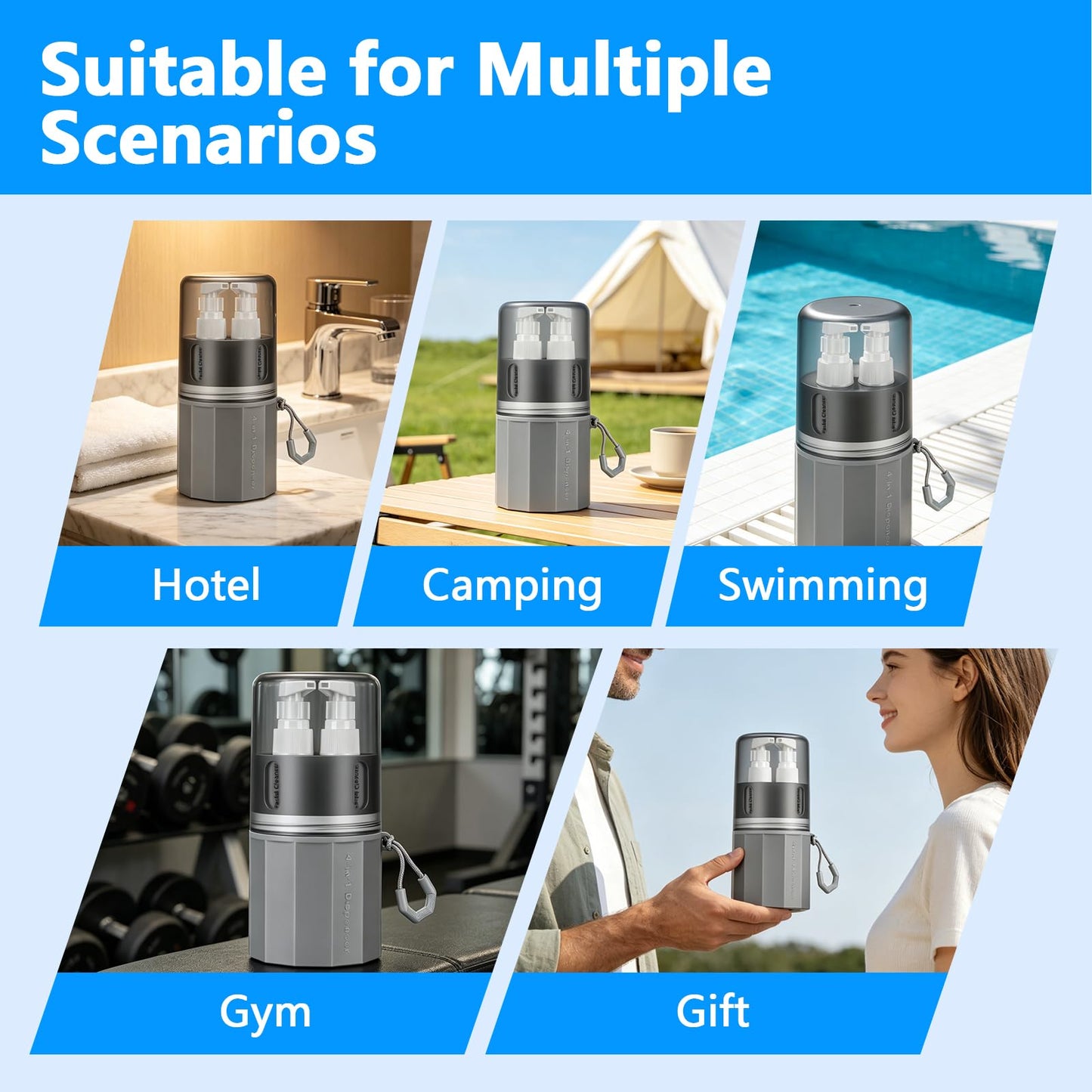 Kkluno 4 in 1 Travel Dispenser Bottles, TSA Approved Leak Proof Refillable Toiletry Containers with Vacuum Suction Cup for Smooth Walls, Portable Empty Bottle Set for Shampoo Conditioner Body Wash