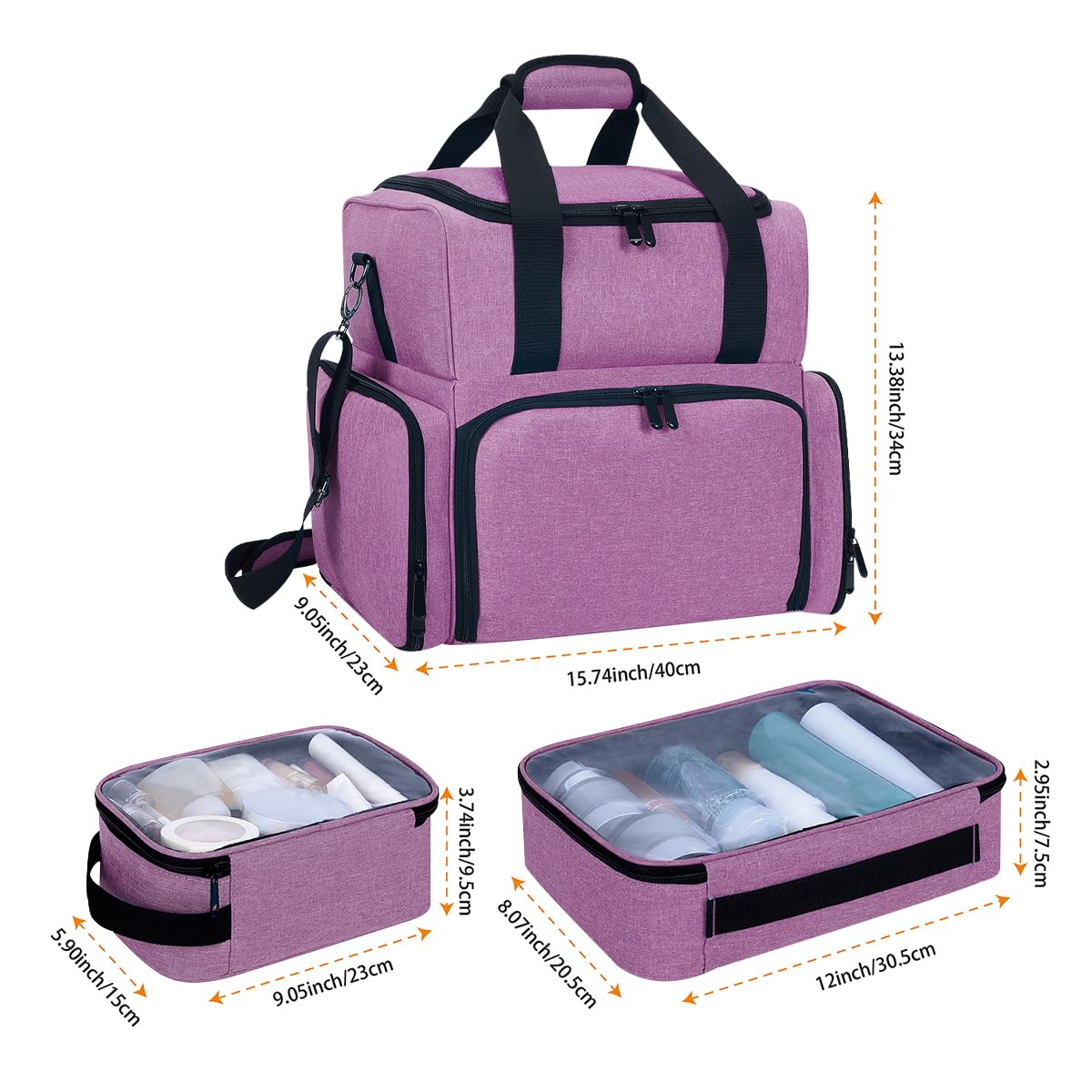 UOZL Large Makeup Cosmetic Bag with 3 Removable Case and 2 Removable Dividers Double Layer Travel Storage Organizer, Makeup Brushes Storage Section Purple