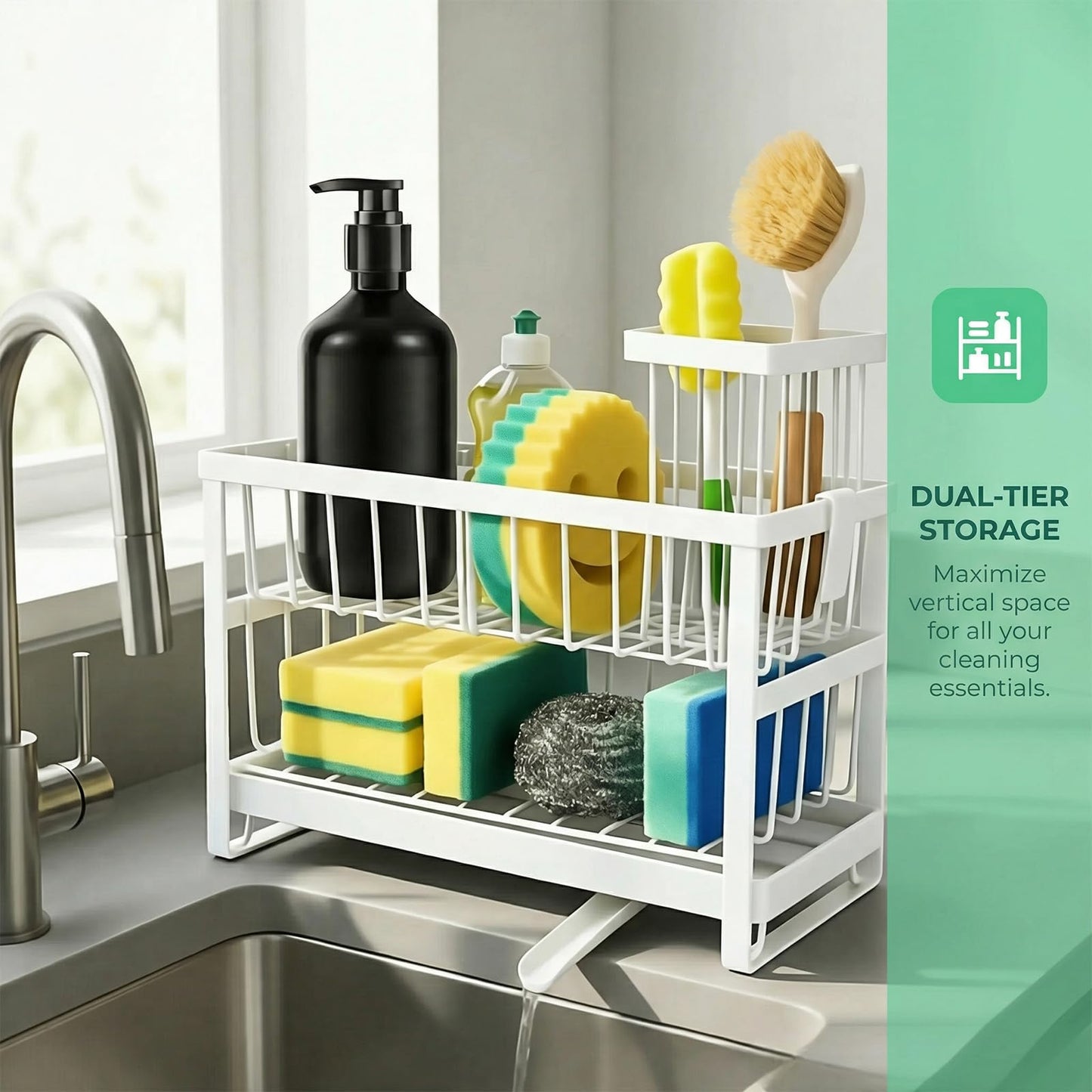 ARKFUSION 2-Tier Sponge Holder for Kitchen Sink, Self-Drain Caddy with Brush Holder, Countertop Organizer for Sponges, Brushes, and Dish Rags（White）