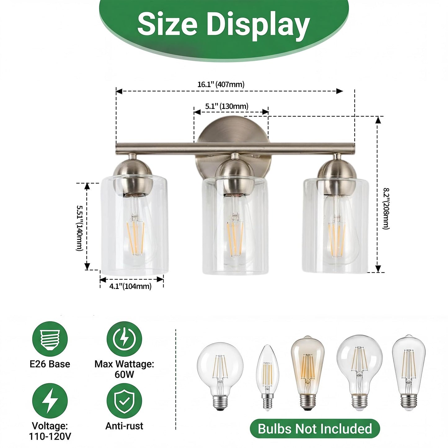 RUIGE Minimalist 3-Light Brushed Nickel Bathroom Vanity Light, Modern Silver Wall Sconce with Clear Glass Shades, Sleek Bathroom Lighting for Bedroom, Hallway YG3L-BN (Bulbs Not Included)