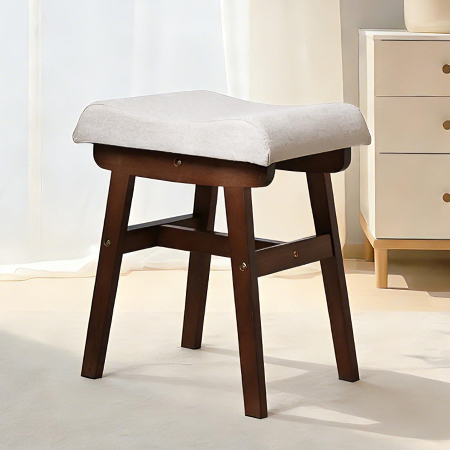 AurnaGle Wood Vanity Stool Chair, 17.7 Inch Compact Makeup Chairs with Saddle Cushion, Linen-Covered High Rebound Sponge Seat, Easy Assembly Footstool for Bedroom, Entryway, Home, Walnut Ottomans