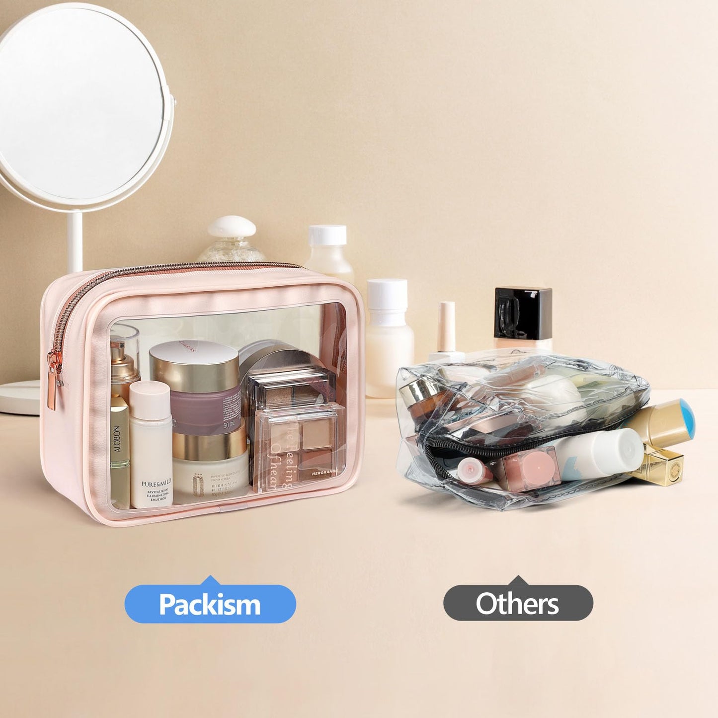 PACKISM Clear Makeup Bag 3 Pack Medium - Foldable TSA Approved Toiletry Bag Quart Size for Travel Bottles, Water Resistant Multipurpose Car Storage Organizer with Reinforced Seams, Pink