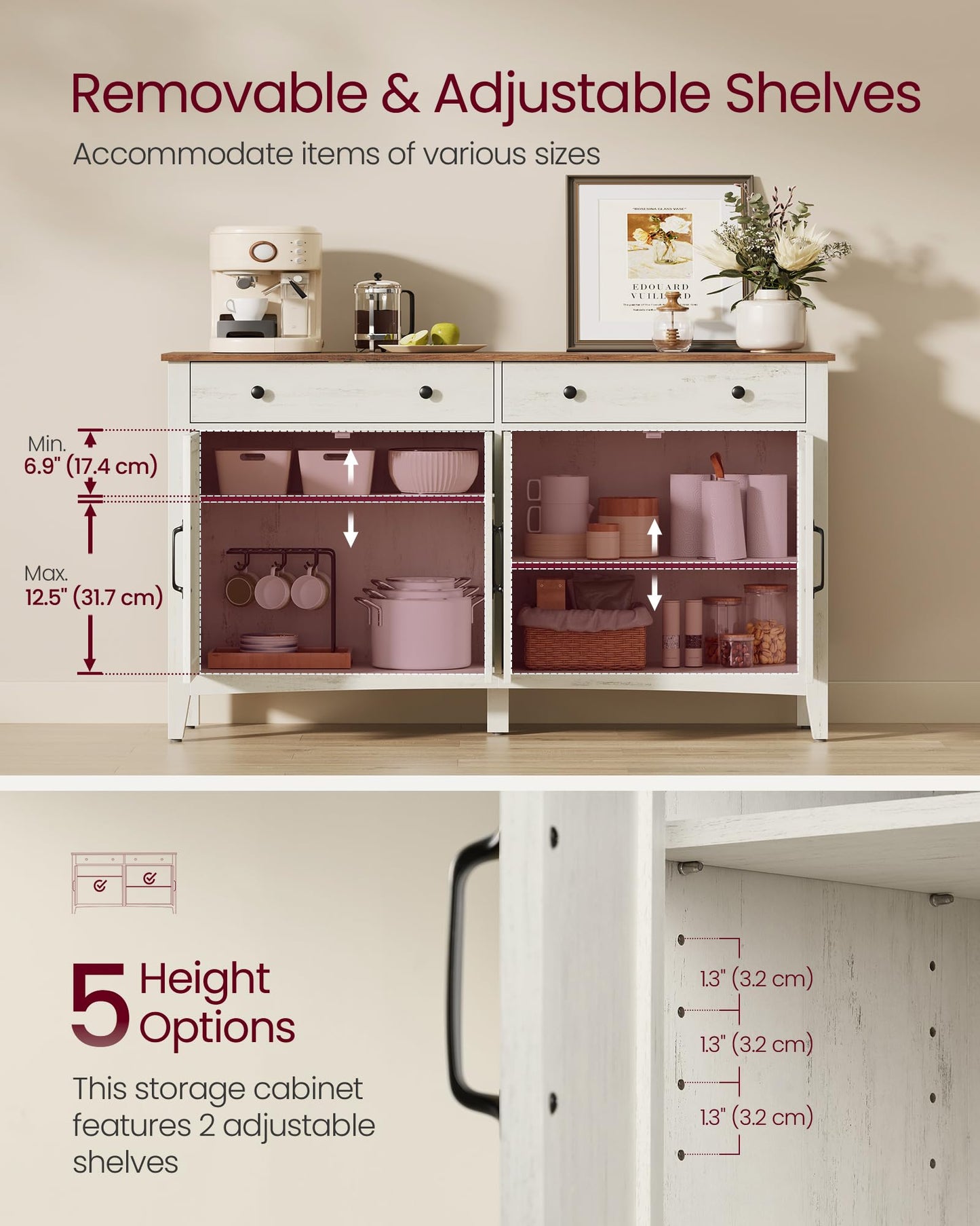 VASAGLE LIRY Collection - Buffet Cabinet, Coffee Bar Cabinet with 2 Drawers, Adjustable Shelves, Sideboard Storage with Cable Holes, Drawer Dividers, Rustic White and Honey Brown UBBK381WJ01S