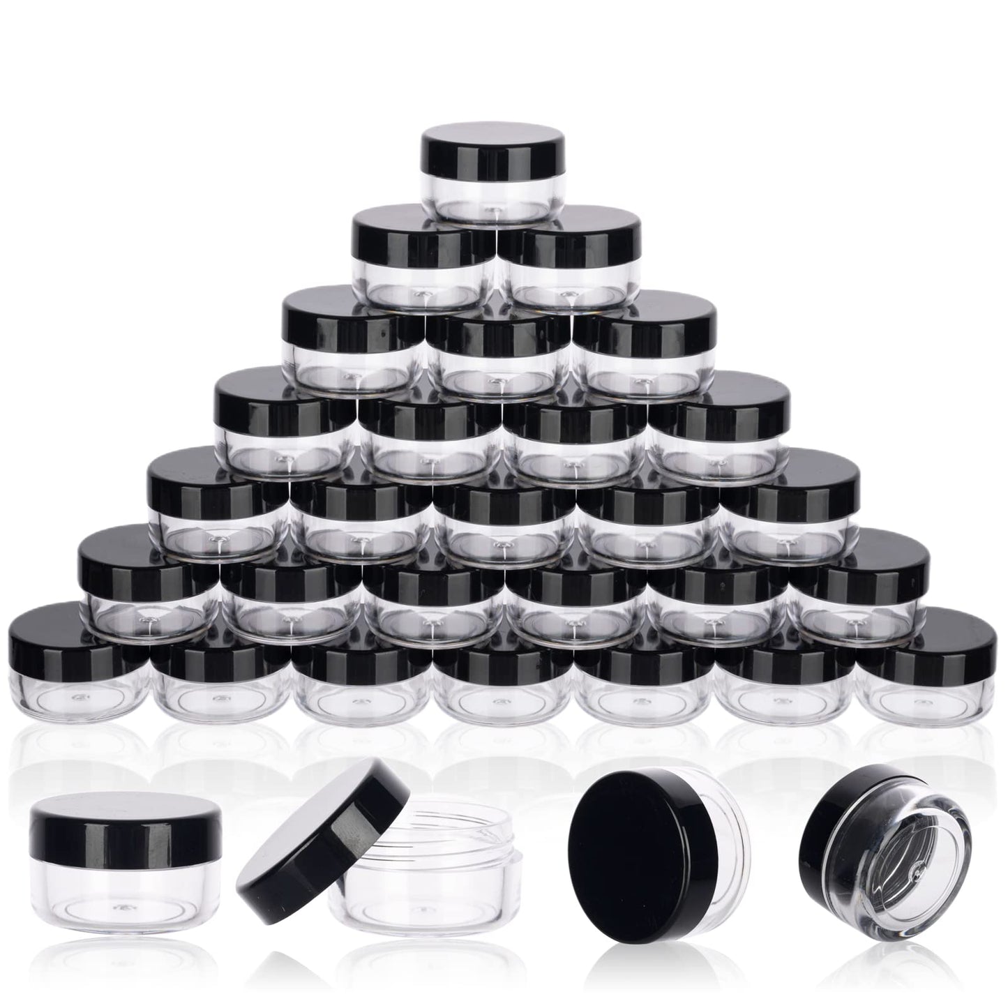 5 Gram Sample Jars with Lids, 100 Count 5ML Empty Cosmetic Containers for Makeup, Travel, Glitter, Lotion, Cream, Beads, with Labels, Mini Spatulas