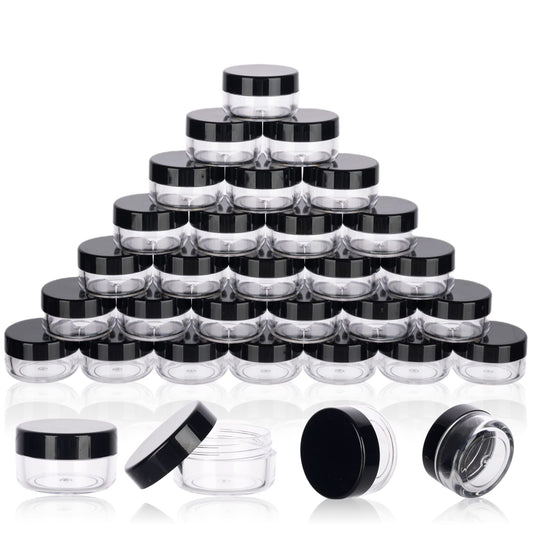 5 Gram Sample Jars with Lids, 100 Count 5ML Empty Cosmetic Containers for Makeup, Travel, Glitter, Lotion, Cream, Beads, with Labels, Mini Spatulas