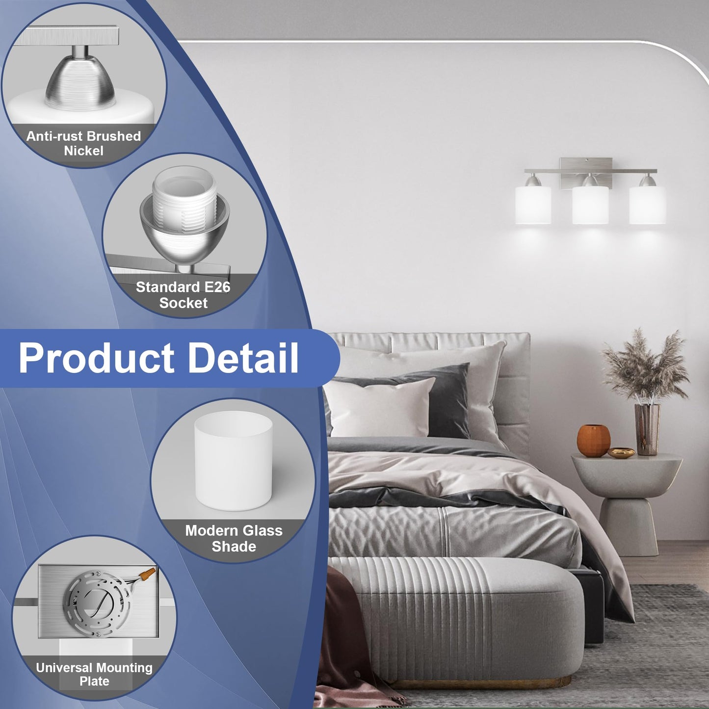 Dekang Bathroom Lighting Fixtures Over Mirror Brushed Nickel, Anti-Rust 3-Light Bathroom Vanity Lights, Modern 18Inches Wall Sconces E26 Base, Milky White Glass Shades, Bulbs Not Included