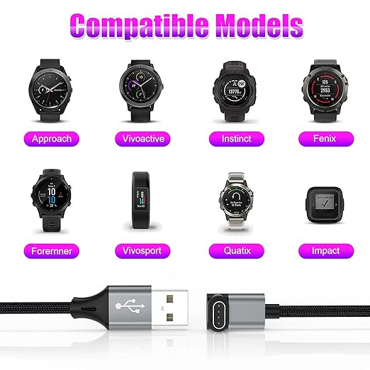 AGVEE 6.6ft Charger for Garmin Watch, L-Shape Charging Cable for Fenix, Forerunner, Vivoactive, Instinct, Venu, Tactix, Approach, D2, Quatix Series, Right Angle Braided, Dark Gray