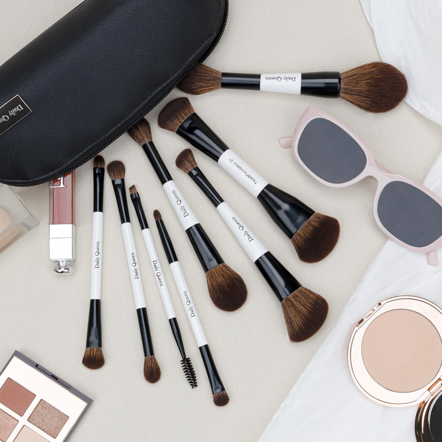 Daily Queen Portable Makeup Brush Set 8pcs Dual Kabuki Powder Concealers Eye shadows Blush Eyeliner Eyebrow Contour Eye blending Brushes (8 IN 16 brush set with waterproof bag)