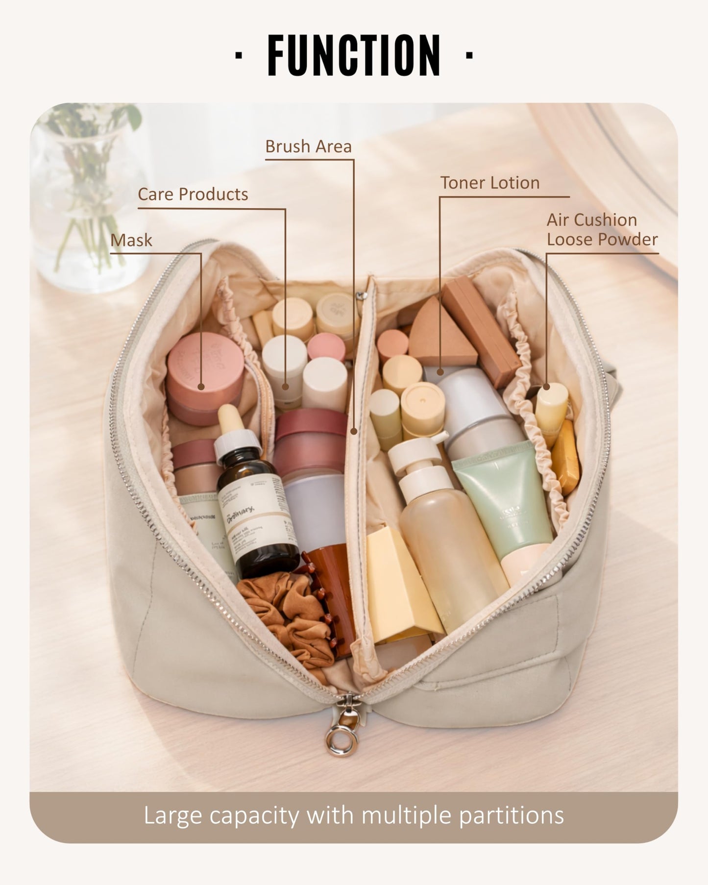 YDR Large Capacity Makeup Bag for Women, Wide Open PU Leather Travel Cosmetic Organizer with Brush Holder, Portable Toiletry Bag for Skincare, White