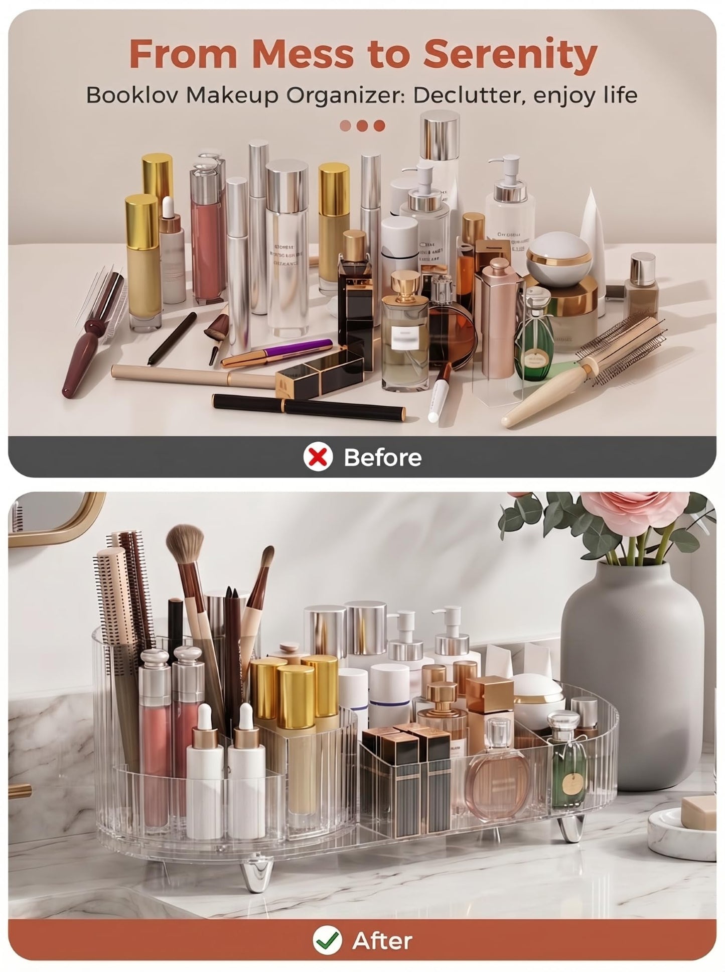 Booklov Rotating Makeup Organizer for Vanity, Large Capacity Cosmetic Display Case, Clear Acrylic Countertop Beauty Storage Holder for Skincare, Brush Eyeshadow Lipstick, Counter Desk, Crystal Clear