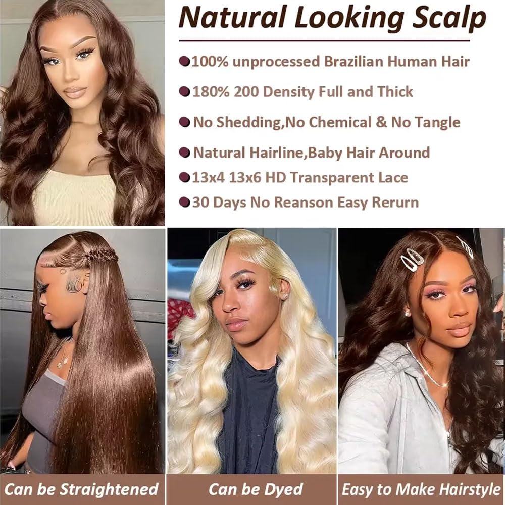 FKFO 200% Density Chocolate Brown Human Hair Wigs 13x4 Body Wave Lace Front Wig Pre Plucked Chestnut Brown Colored Human Hair Wigs For Women HD Transparent Lace Front Wig 24 Inch