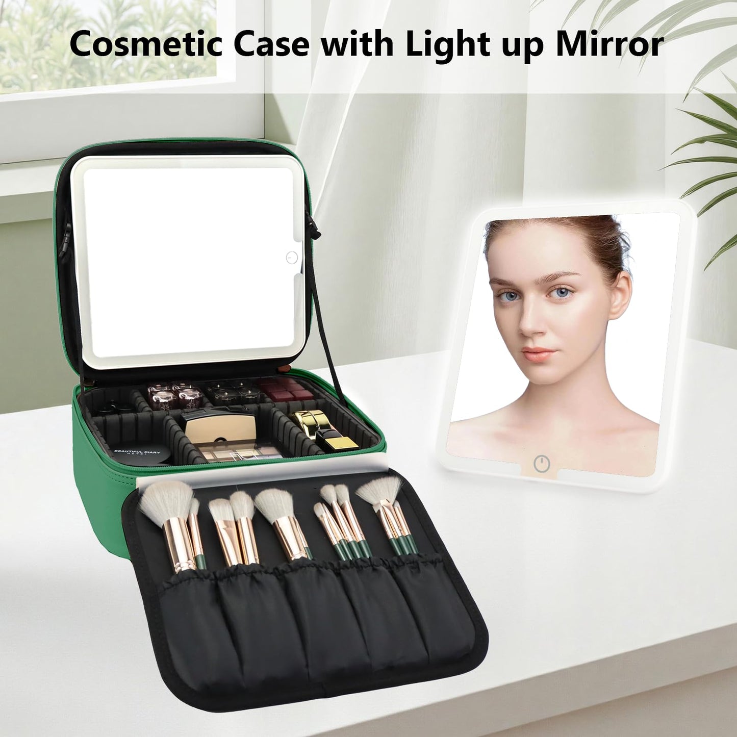 SLUMAZI Travel Makeup Bag with LED Mirror Travel Makeup Organizer with 3 Lighted Settings, Adjustable Dividers and Makeup Brush Storage Bag Dark Green