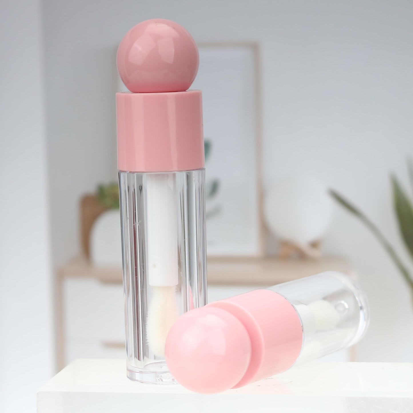 COSIDEA 16pcs 6ml 0.2oz Round Pink big doe foot wand lip gloss tubes for DIY Ball shape lipgloss containers tubes with thick brush