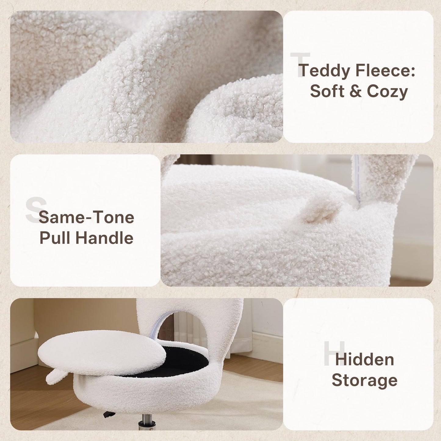 Forfutra Home Office Chair Foldable Vanity Chair Vanity Stool with Storage 15.8" Spacious Seat 360° Swivel Height Adjustable White