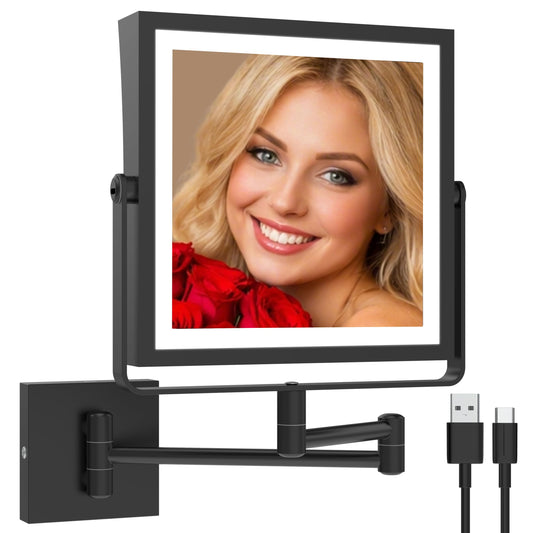 Ruacq Rechargeable Wall Mounted Makeup Mirror with Lights, Double Sided 1X/20X Magnifying Vanity Mirror with 3 Color Lighting, Touch Screen Dimmable, 360° Rotation Extension Foldable Arm(Matte Black)