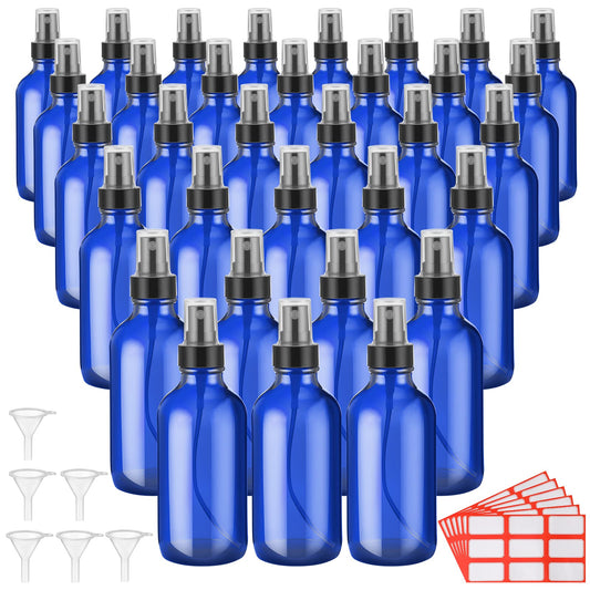 Fumete 36 Pcs Glass Spray Bottles 4oz Fine Mist Glass Spray Bottle Refillable Liquid Containers with 6 Labels 6 Funnel for Hair Travel Plants Cleaning Solutions Skin Care(Blue,Simple)