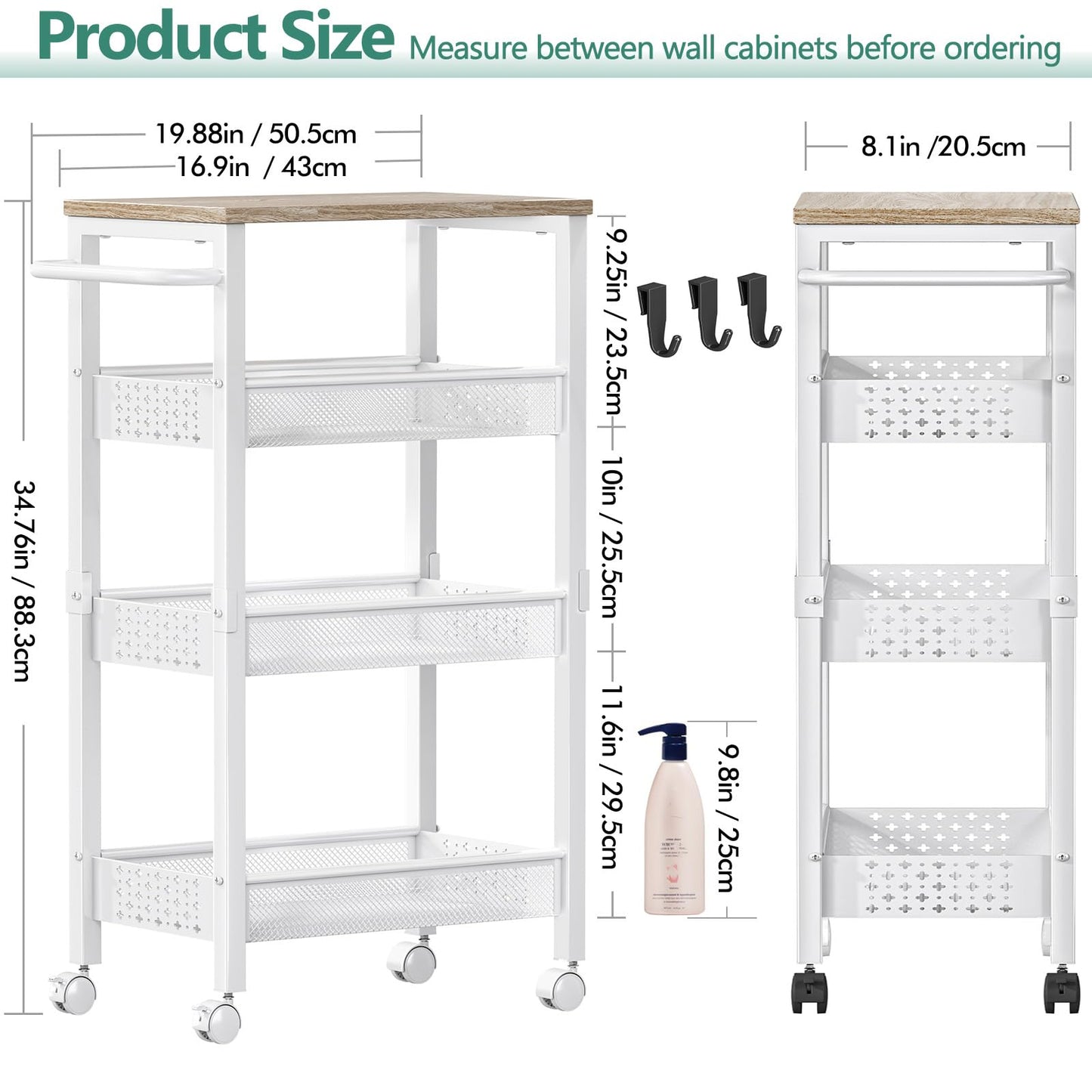 Vivihomety Utility Slim Storage Cart with Wheels, 4 Tier Small Rolling Cart with Wood Top, Metal Kitchen Bathroom Laundry Room Organization Trolley with Handle for Narrow Space - White