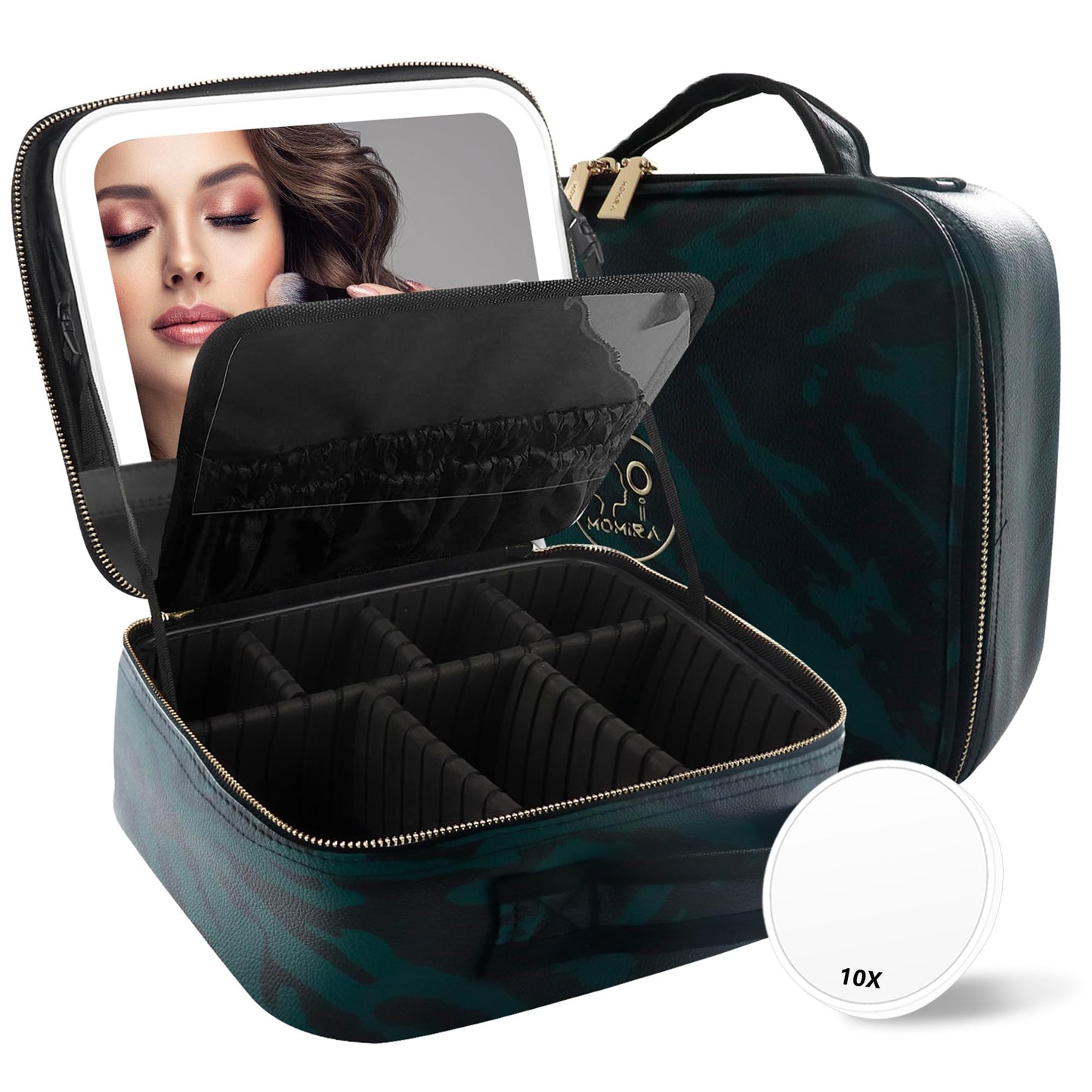 MOMIRA Makeup Train Case with Light-up Mirror, Cosmetic Bag Organizer, Portable Travel Makeup Case with Adjustable Dividers, Waterproof, Zebra-Green