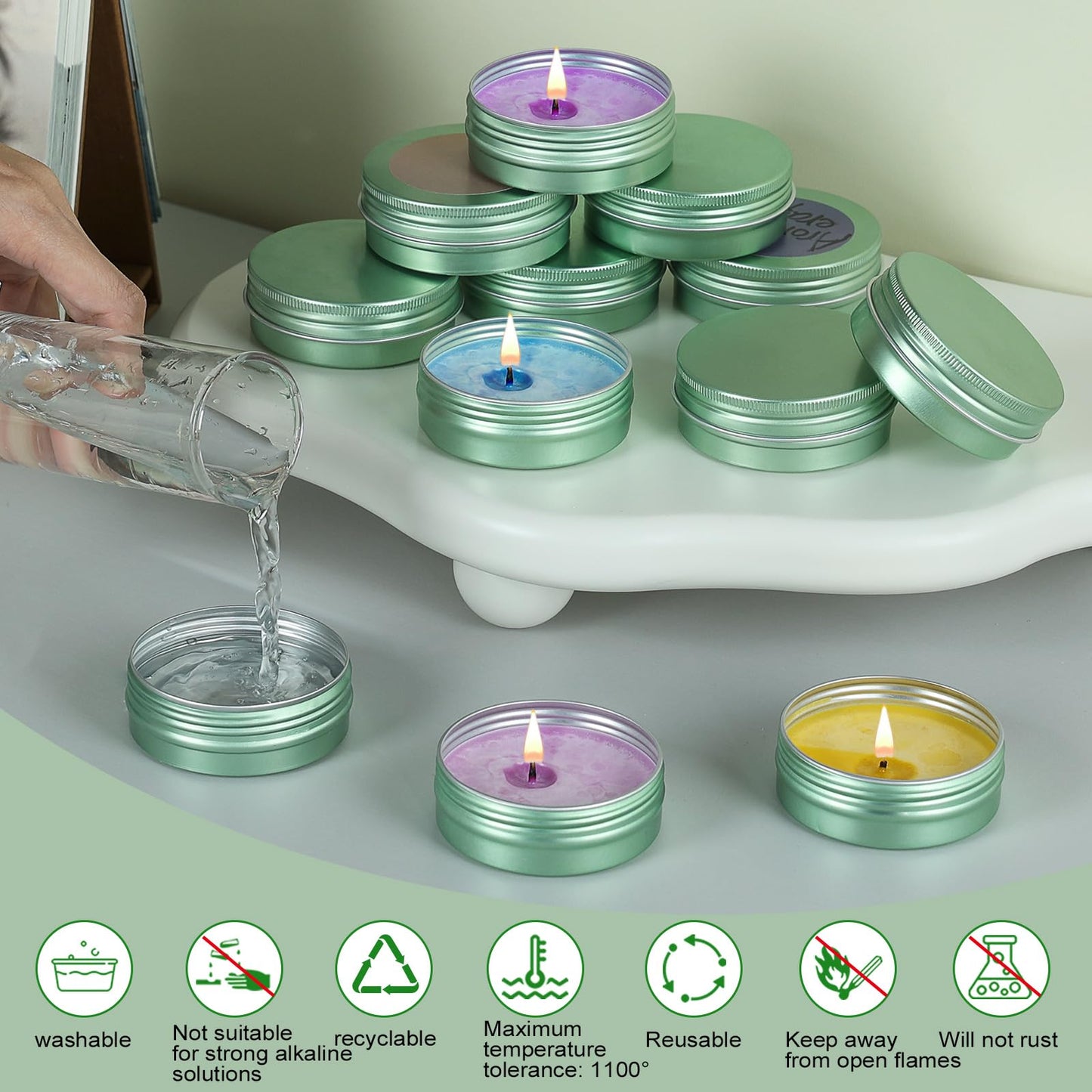 LIYAR Candle Container Aluminum Tin Jars 14 Pack Candle Tins Salve Tins Versatile Small Containers with Lids Metal Tin for Balms,Spices,Salve,Crafts(Pale Green)