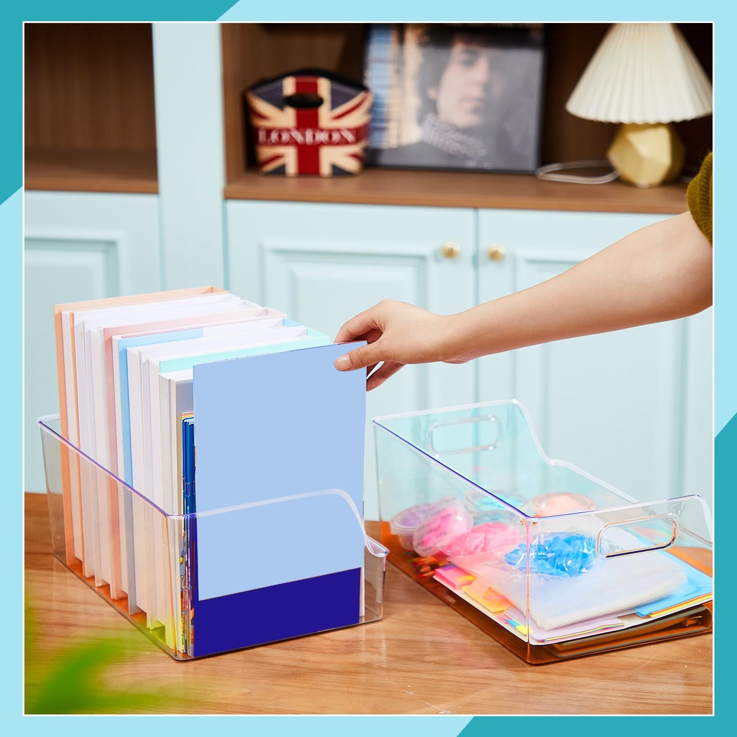 Menkxi 4 Pcs Clear Large Storage Book Display Case 13 x 8.5 x 5.9 Inch Book Organizer Stackable Bookcase Display Storage Containers with Handle Office Bookshelf Organizer Rack for CDs Magazine