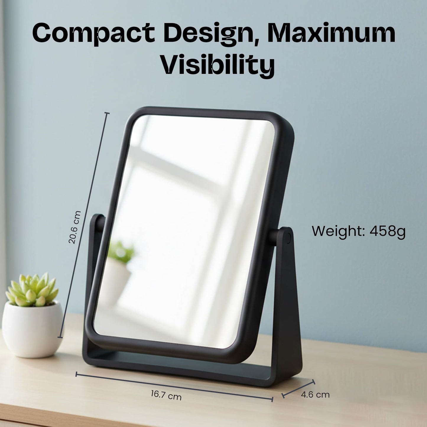Danielle Creations Rectangle Soft Touch Vanity Mirror, Black, 1x/7x Magnifying Makeup Mirror with Stand, Portable Tabletop Bathroom or Desk Mirror