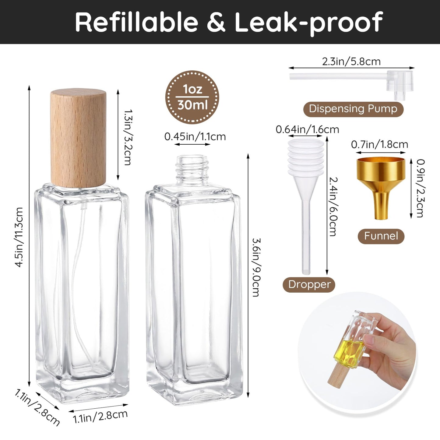 Segbeauty 1oz Clear Glass Perfume Sprayer for Travel, 2pcs Light Wooden Cap Perfume Spray Bottle Refillable, 30ml Fine Mist Travel Cologne Atomizer with Refill Tool, Cosmetic Liquids Toner Container
