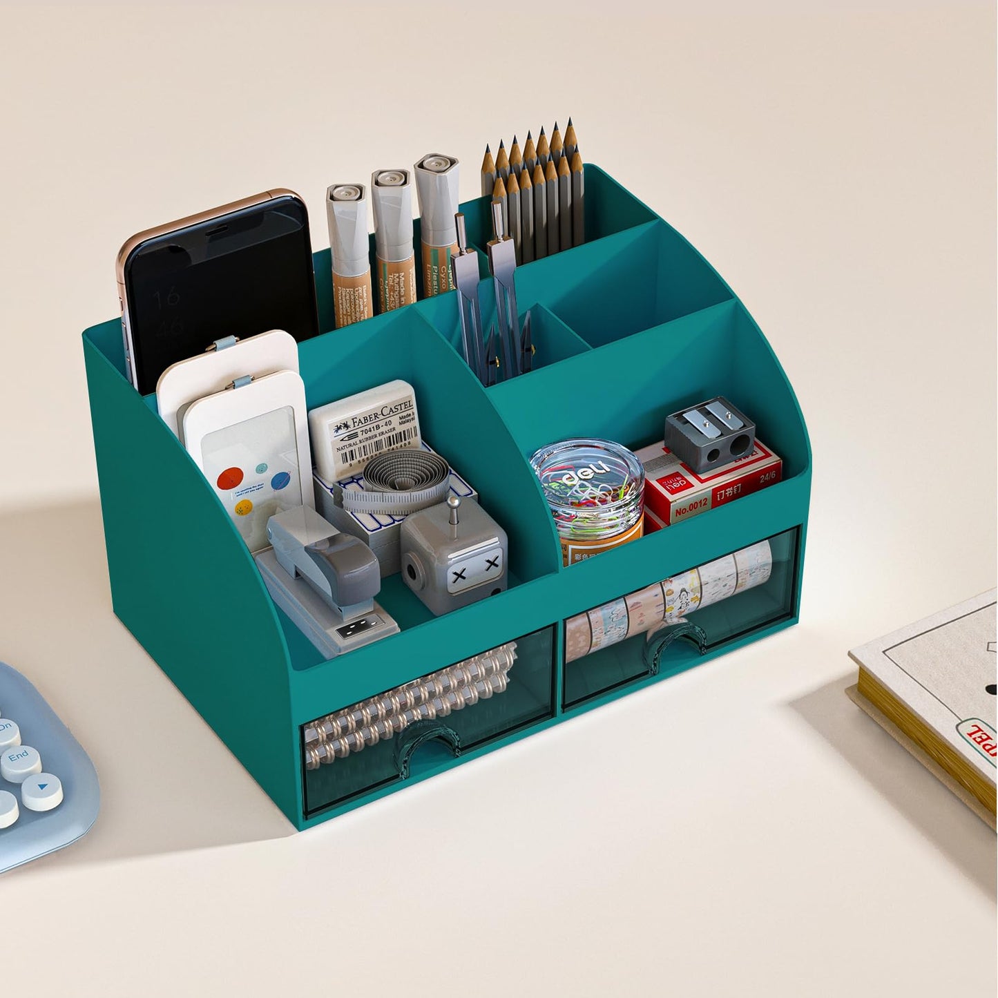 COMFYROOM Desk Organizer with 6 Compartments and 2 Drawers, Plastic Makeup Organizer, Pen Holder for Desktop Storage, Desk Organization for School, Home, Office Supplies (Dark Green)