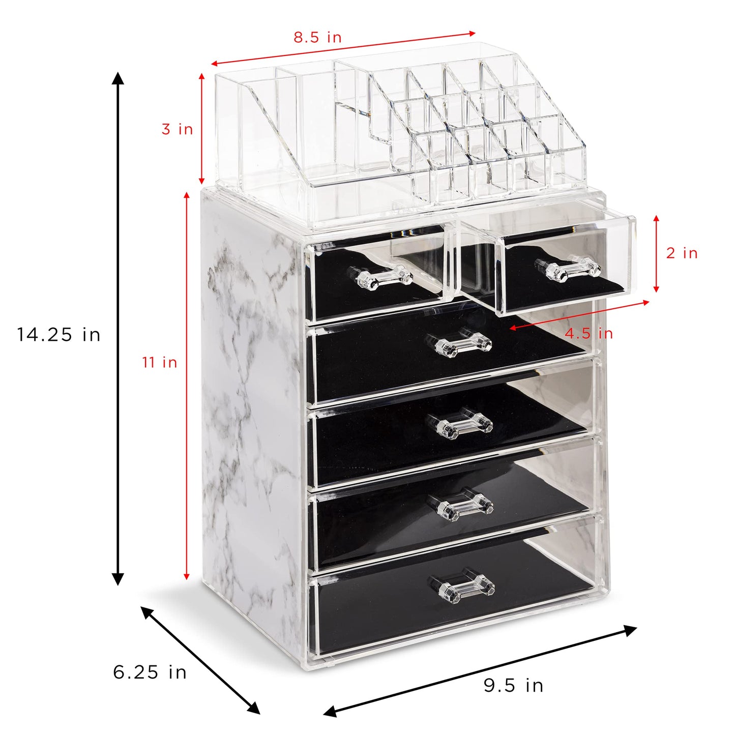 Sorbus Acrylic Makeup Organizer Set, 6-Drawer Vanity & Countertop Cosmetic Storage with Small & Wide Compartments, Marble Print Makeup Storage for Brushes, Jewelry – Holiday Gift for Women & Teens