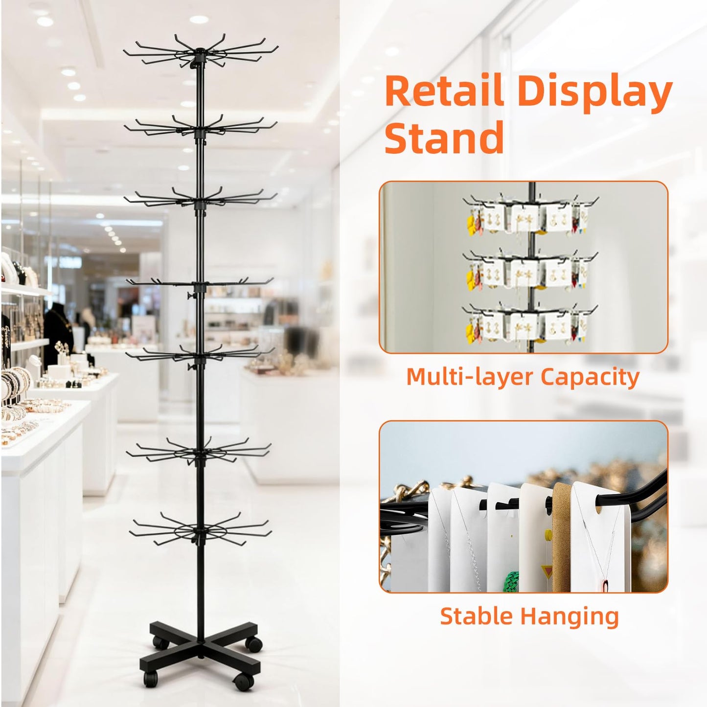 Retail Display Stand 7-Tier 360° Rotating Rack Shelves Retail Show Displays,Adjustable Height & Locking Wheel Store Display for Toys Jewelry Keyring Socking Hats Snacks Nail Accessories (Black,Metal)