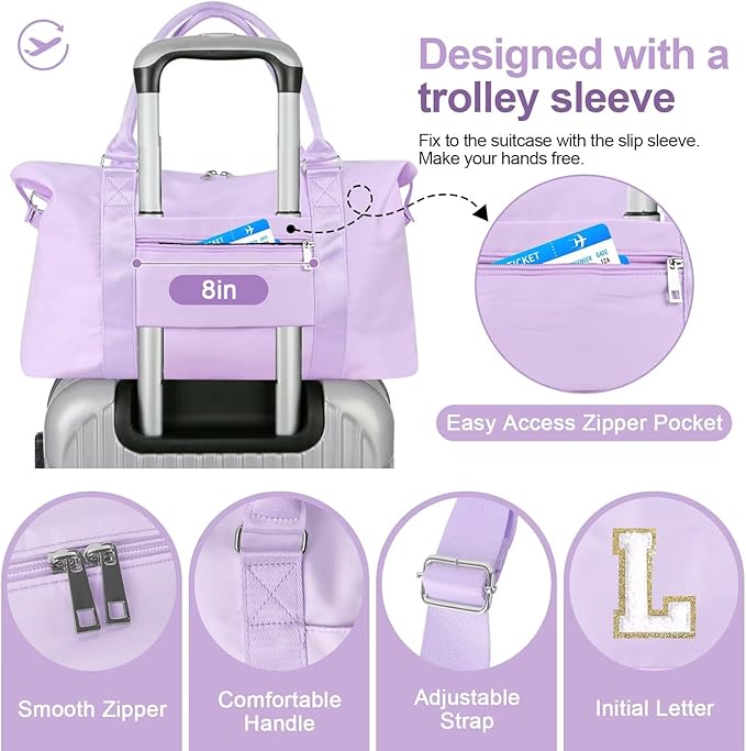 Dance Gym Duffel Bag for Teen Girls, Personalized Initial Travel Weekender Bag,Cute Overnight Carry On Duffle for Women,Sports Travel Cheer Bag,Monogram Christmas Gifts for Tween Preppy(purple-L)