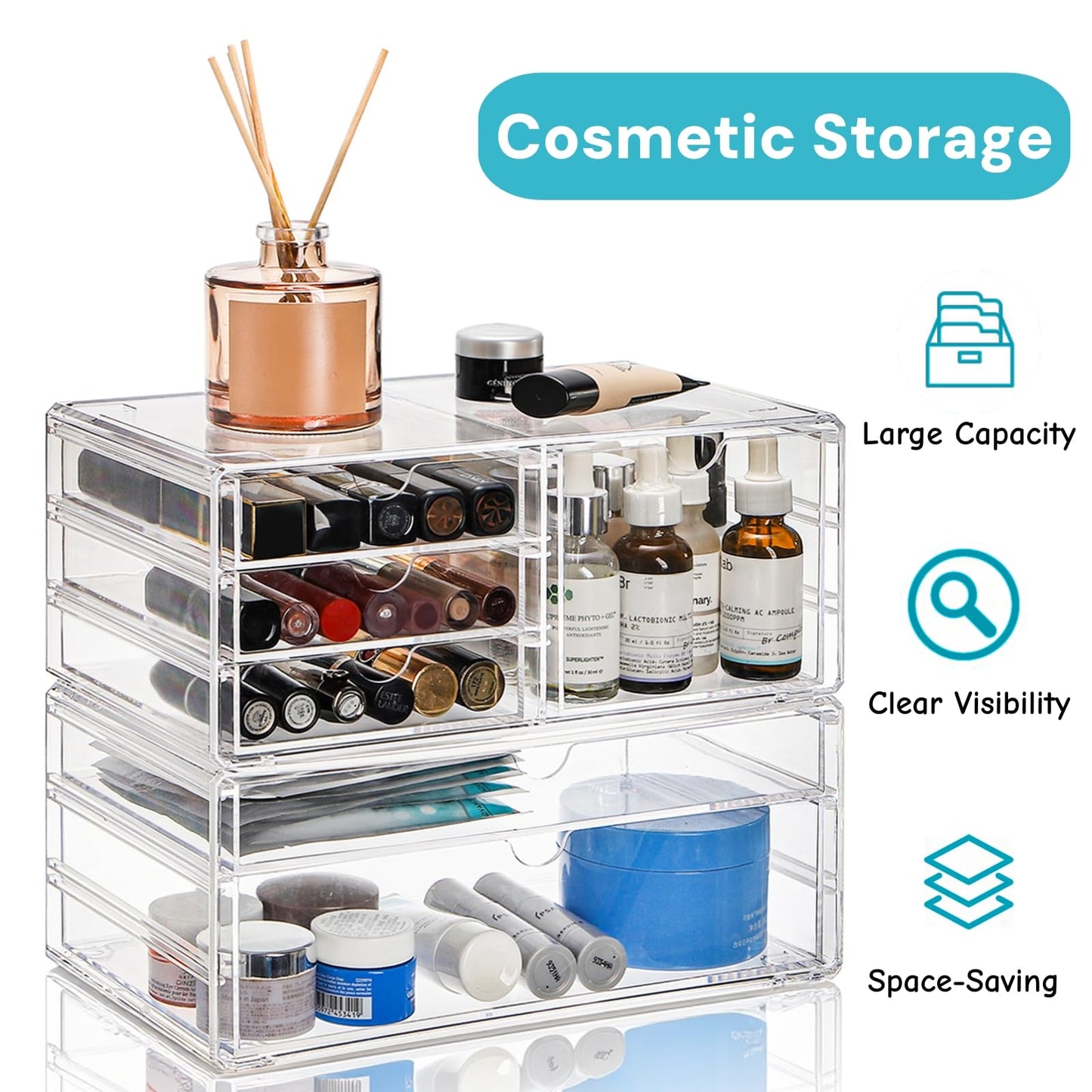 Jowgut Acrylic Makeup Organizer with 6 Drawers, 11" Stackable Office Desk Organizer Accessories, Clear Bathroom Storage Drawers for Makeup Palettes, Cosmetics, Vanity, Art Craft Supplies