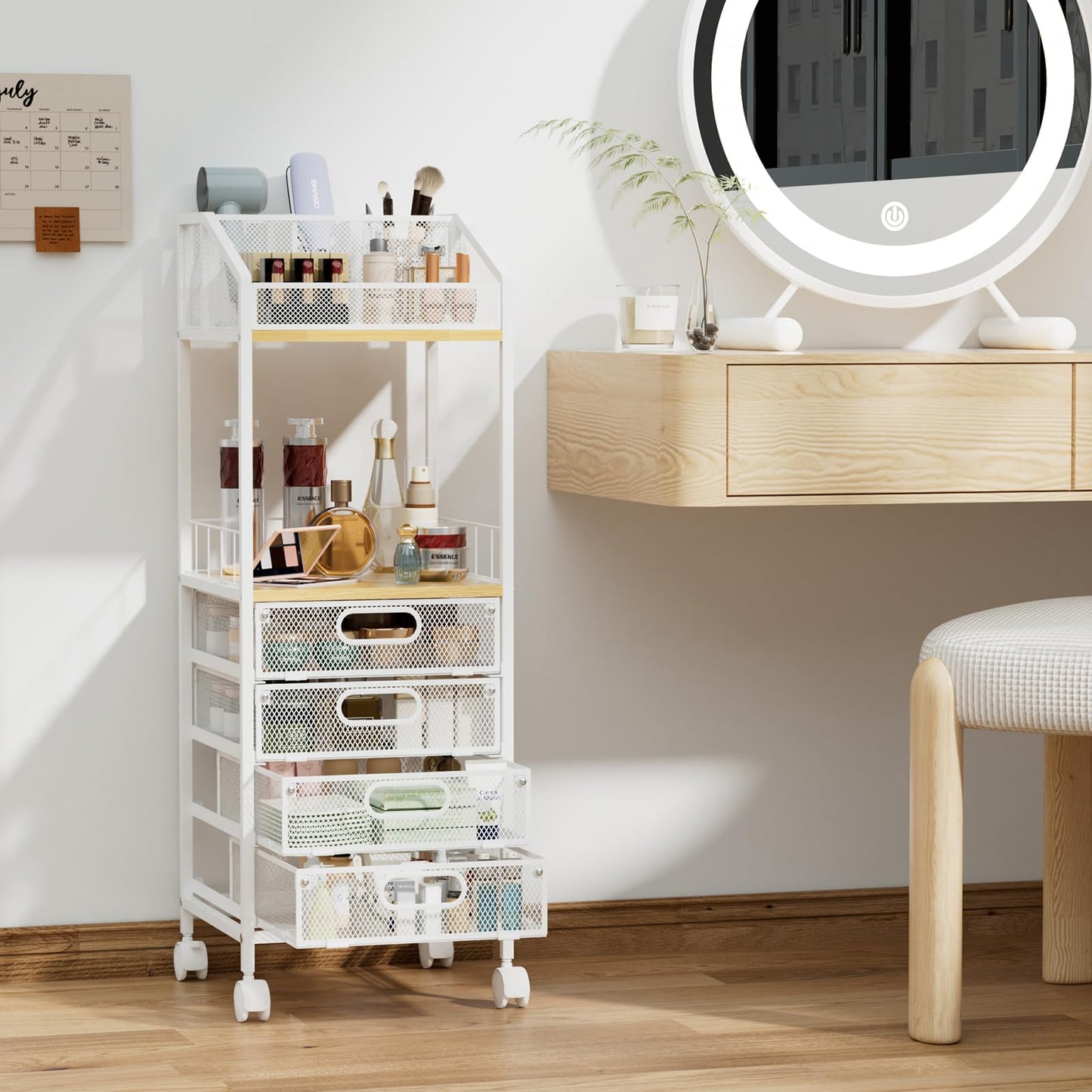 HapiRm Rolling Cart Makeup Organizer - Metal Makeup Cart with Wheels and Drawers for Small Spaces & Messy Vanities, Space-Saving Beauty Cosmetics Cart Storage Cabinet Stand for Perfume Hair Tools