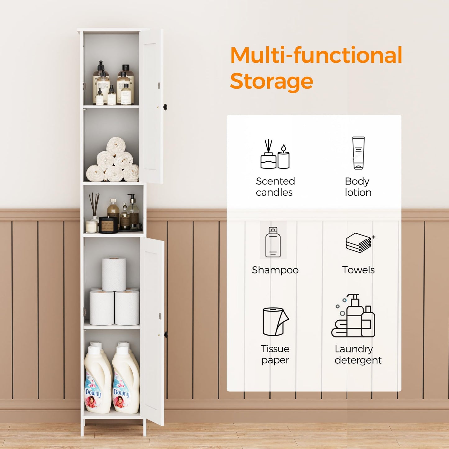Homleke Tall Bathroom Storage Cabinet with 2 Doors, 67"H Narrow Storage Cabinet with Adjustable Shelves& Anti-Tip Design, Reversible Door Installation, Easy Assembly, 11.8 x 11.8 x 66.9 Inches, White