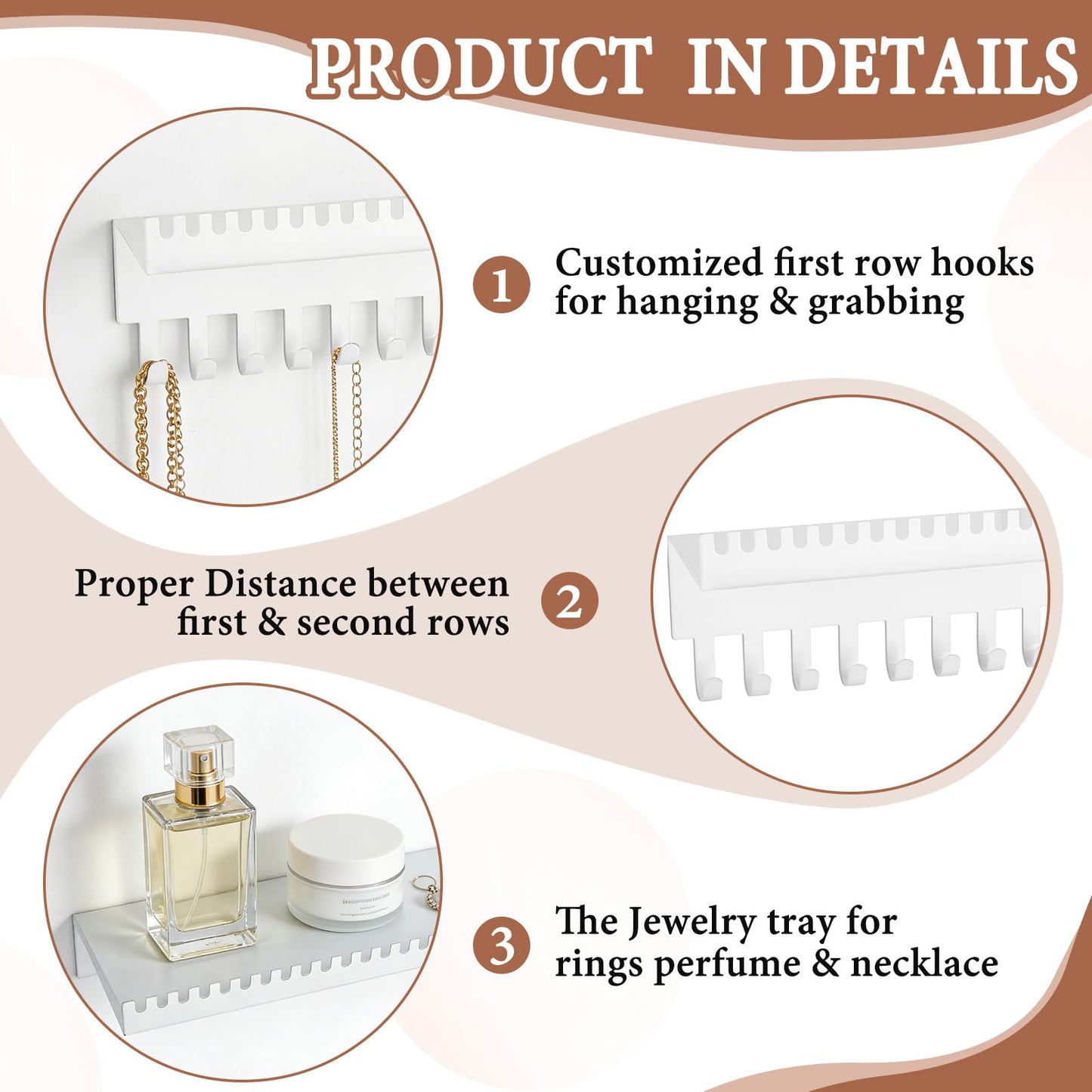 2 Pcs White Alloy Necklace Holder Wall Mount, Heavy-Duty Wall Jewelry Organizer with 18 Hooks & Cosmetics Storage Tray, Space-Saving Hanging Jewelry Organizer for Necklaces Bracelets Rings Perfume