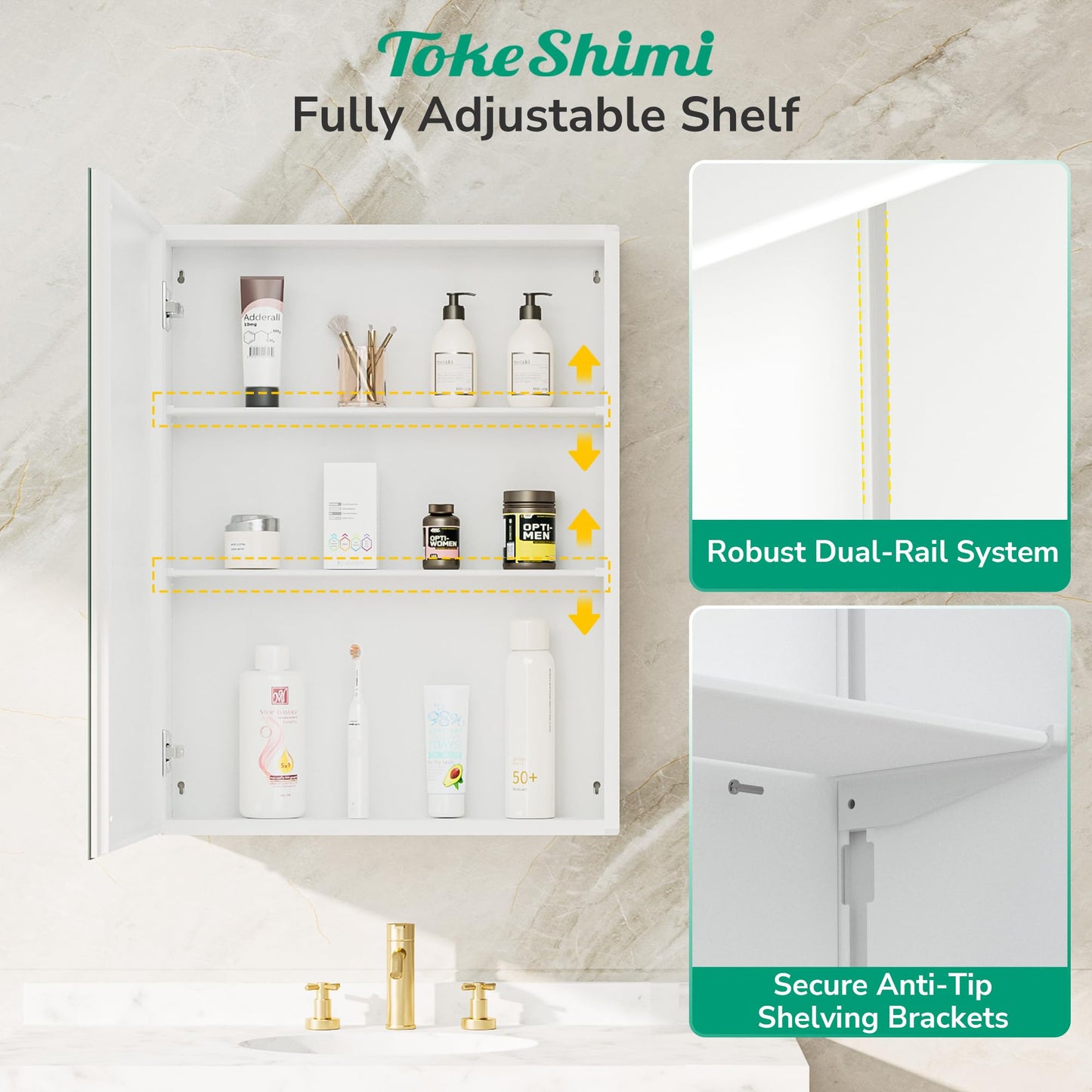 TokeShimi 14 x 24 Medicine Cabinet with Mirror, Assembly Required, White Recessed Bathroom Medicine Cabinet with Tempered Beveled Mirror, Stepless Adjustable Shelves, DTC Hinge