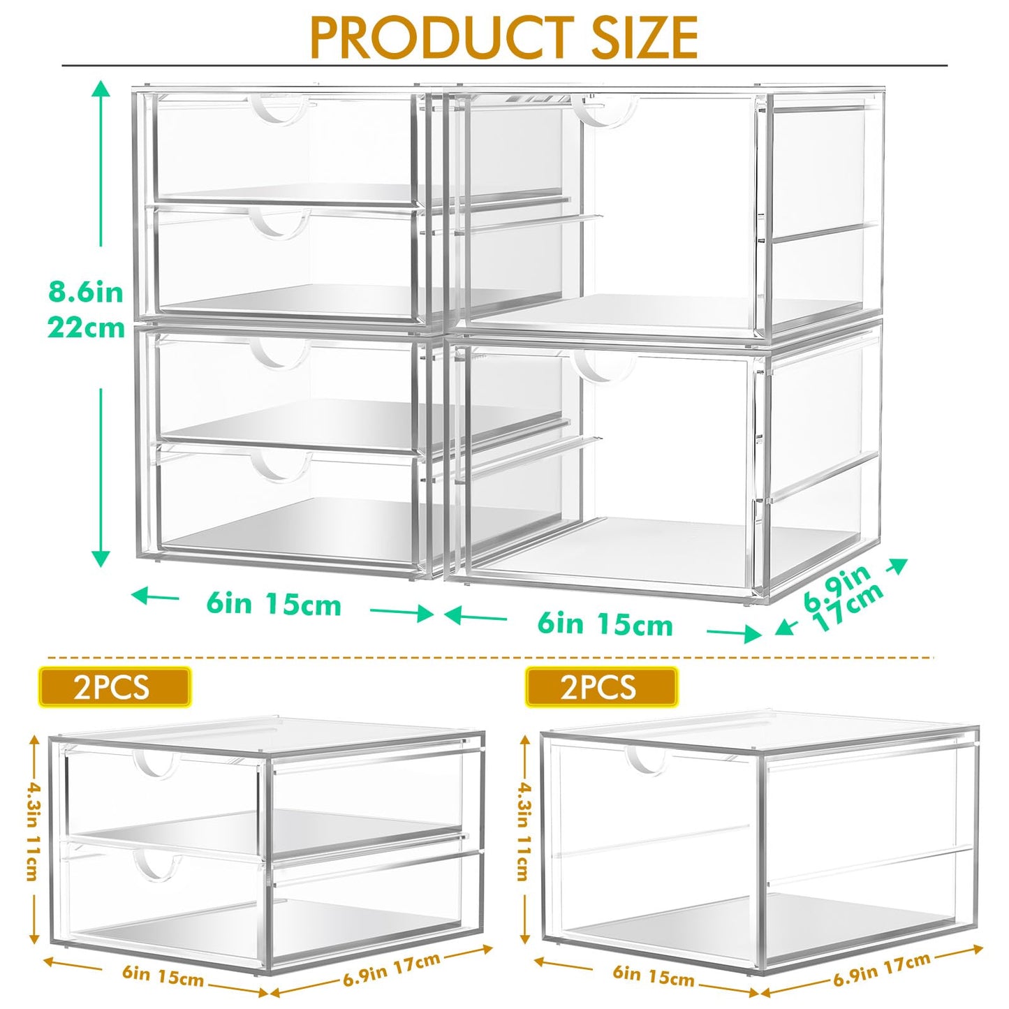 caktraie Acrylic Makeup Organizer, 4 Pack Drawer Organizer - Transparent Desktop Storage for Cosmetics, Office Supplies & More - Clear Organizers for Home & Office Use