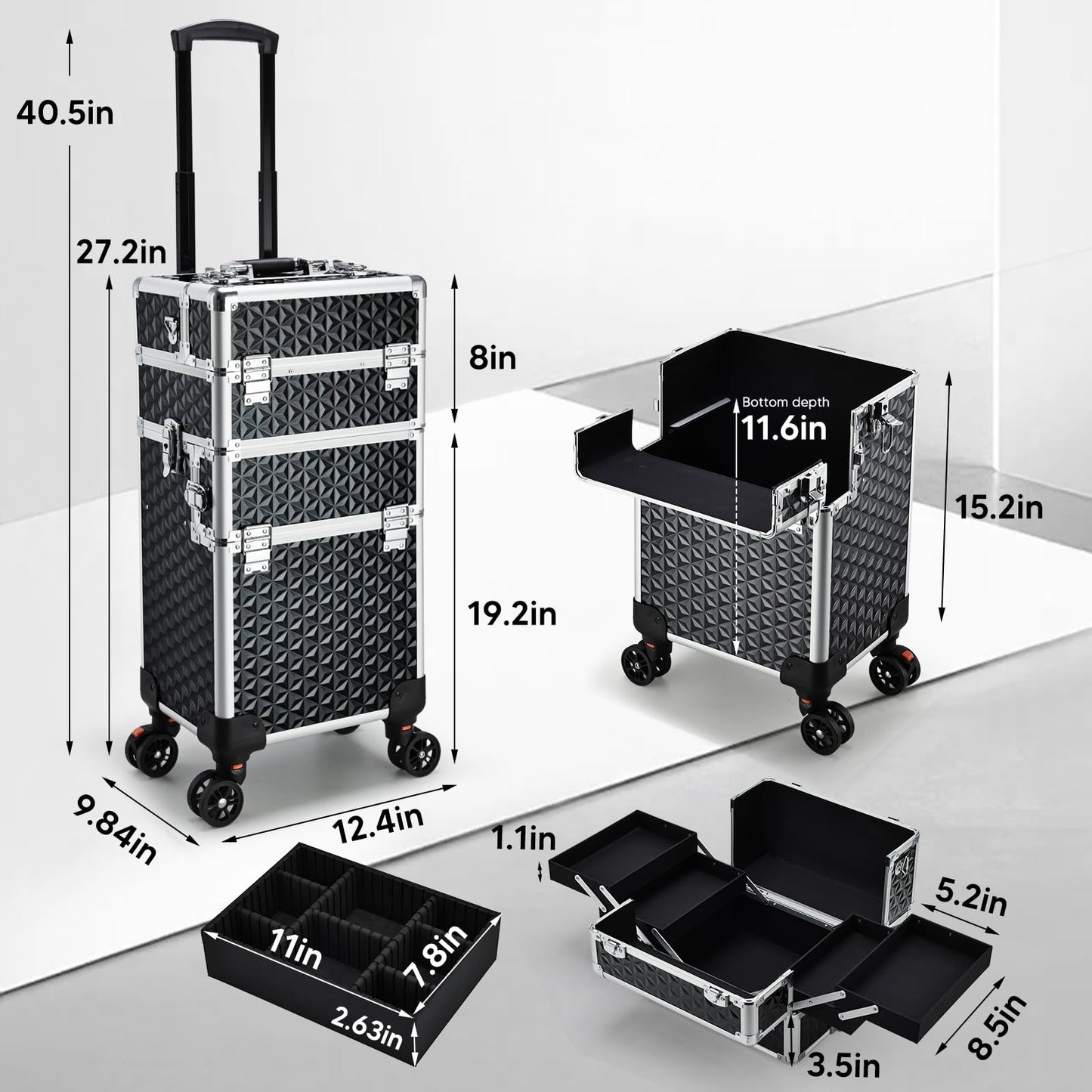 Professional Rolling Makeup Case, 3 in 1 Makeup Train Case, Cosmetology Case on Wheels, Large Makeup Trolley Salon Barber Traveling Trunk Suitcase for Makeup School Nail Tech Hairstylist MUA, Black