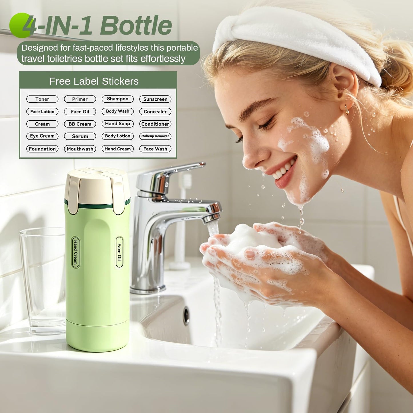 CLRDZN 4 in 1 Travel Dispenser Bottle, 4 Pack 30ML Travel Bottles for Toiletries, 4 in 1 Travel Dispenser with Label, Leakproof & TSA Approved Portable Containers for Shampoo Lotion Conditioner Cream