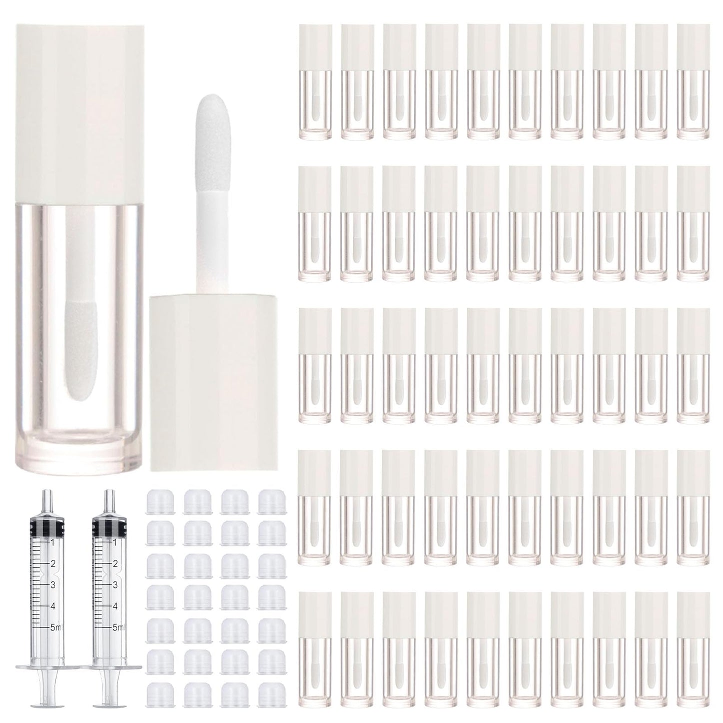 DupakSYS 50pcs 2.5ml Empty Lip Gloss Containers Lip Gloss Tubes with Wand Cute 0.08oz Clear Refillable Lipgloss Making Supplies Kit for DIY Makeup + 2pcs Syringes (White)