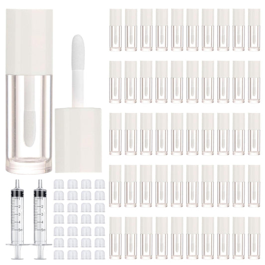DupakSYS 50pcs 2.5ml Empty Lip Gloss Containers Lip Gloss Tubes with Wand Cute 0.08oz Clear Refillable Lipgloss Making Supplies Kit for DIY Makeup + 2pcs Syringes (White)