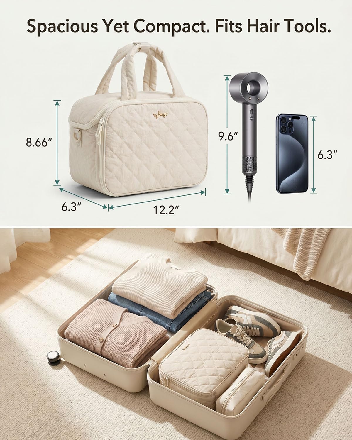 VPBAGE Large Quilted Toiletry Bag for Women, Puffy Travel Makeup Organizer with Removable Divider & Shoulder Strap, Waterproof Standing Cosmetic Case for Full-Size Toiletries, Gym, Vacation