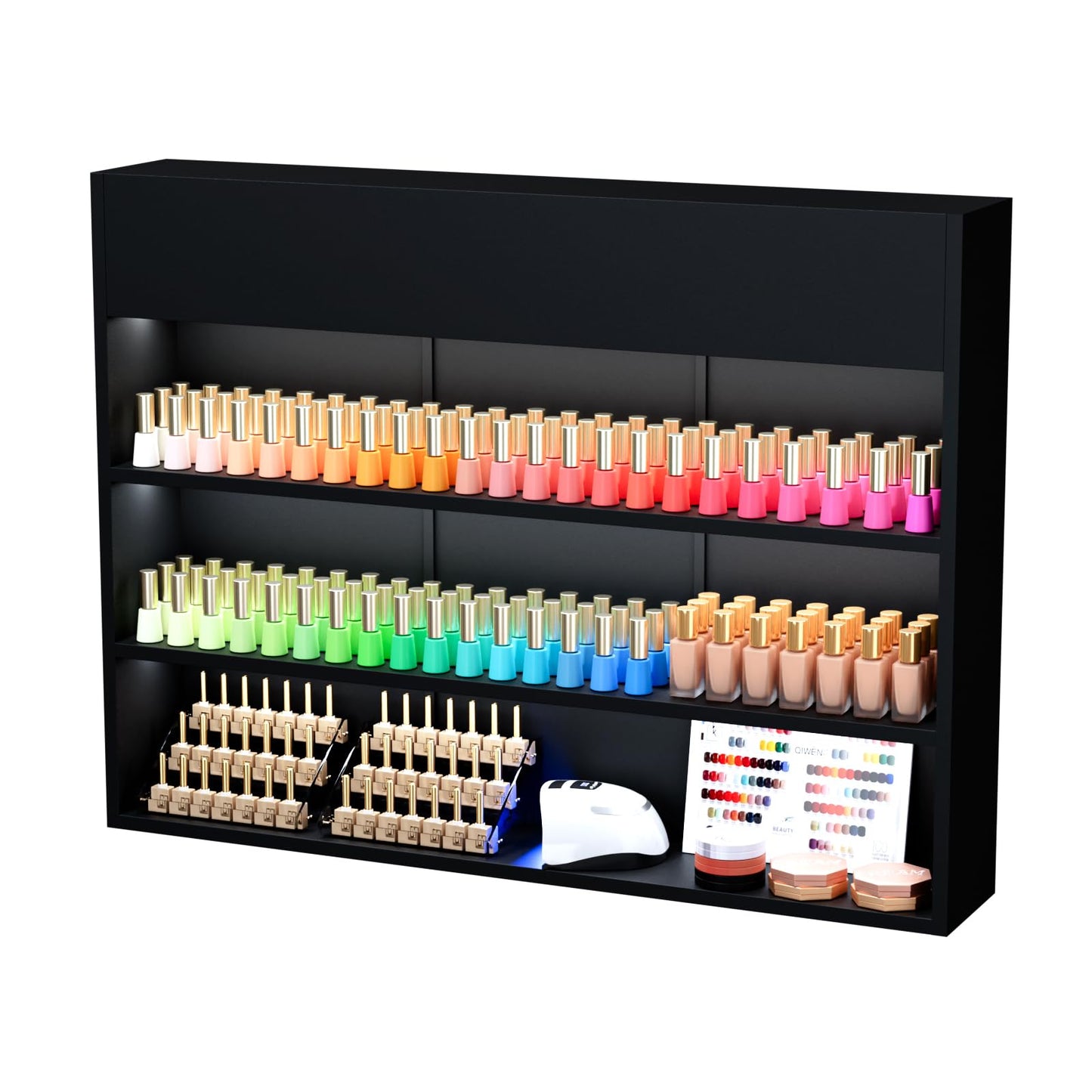 OmySalon Wall Mounted Display Rack, 47.6-Inch 3-Tier LED Nail Polish Organizer Shelf with USB Touch Control, for Nail Salon, Spa, Beauty Studio Storage, Wooden Retail Display (Black)