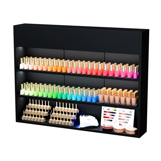 OmySalon Wall Mounted Display Rack, 47.6-Inch 3-Tier LED Nail Polish Organizer Shelf with USB Touch Control, for Nail Salon, Spa, Beauty Studio Storage, Wooden Retail Display (Black)