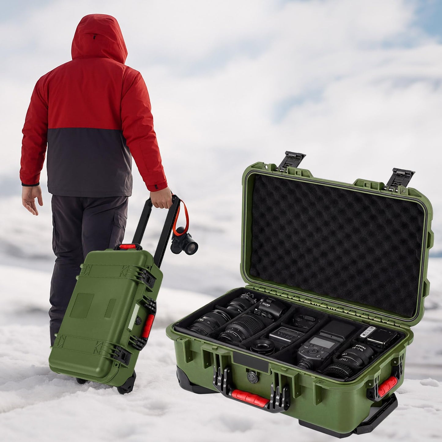 Relaxweex Rolling Camera Hard Case with Padded Dividers & Wheels, Impact-resistant Hard Shell Travel Case for Cameras, Lenses & Accessories(22 x 14 x 9 Inch,Military Green)