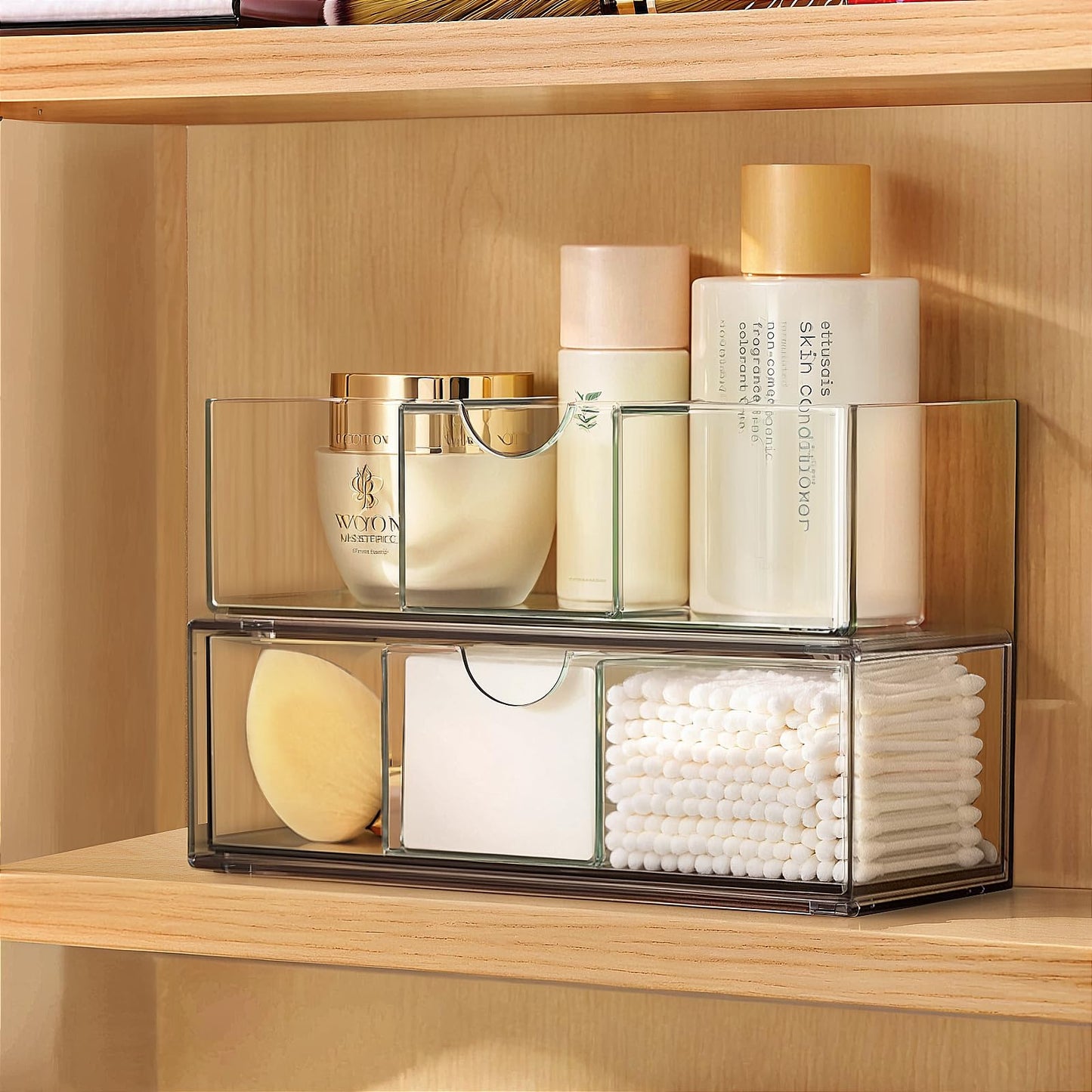PAVSTINE Medicine Cabinet Organizer 2 Pack, Stackable Storage Drawers with Removable Divider, Make Up Organizer for Bathroom Mirror Cabinets, Vanity, Closet, Countertop - Clear
