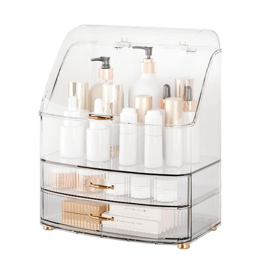 Plukers Makeup Organizer Countertop Vanity with Transparent Lid Drawers Waterproof Dustproof Cosmetic Skincare Bathroom Storage Gift for Women Teens Girls (Clear Whtie)