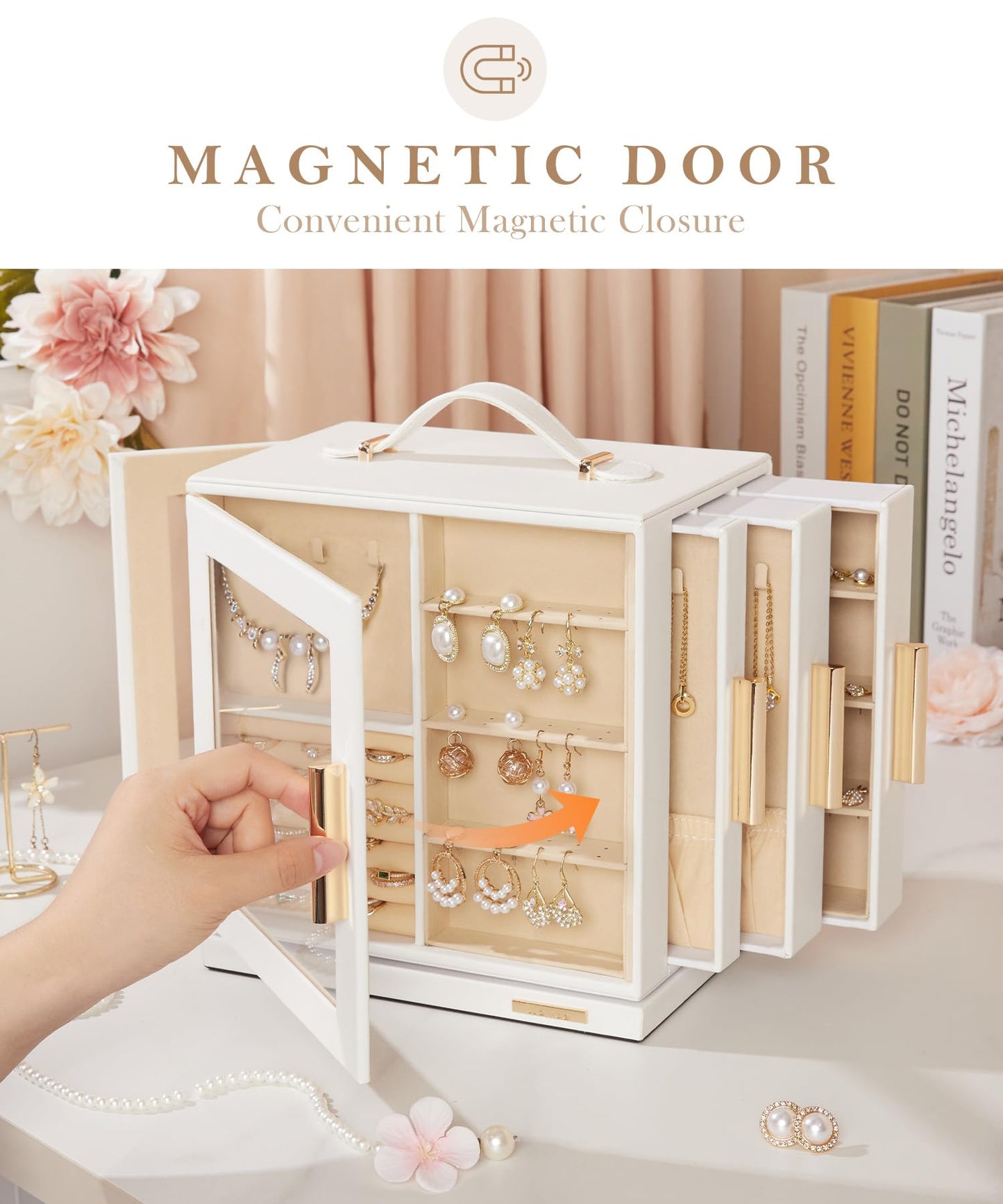 Homde Jewelry Box for Women Large: Rotating Organizer for Ring Earring Necklace Bracelet - 7 Drawers Storage for Dresser (White)